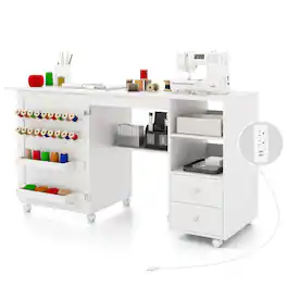 Costway - Folding Sewing Table Charging Station Multifunctional Sewing Machine Cart Table - White