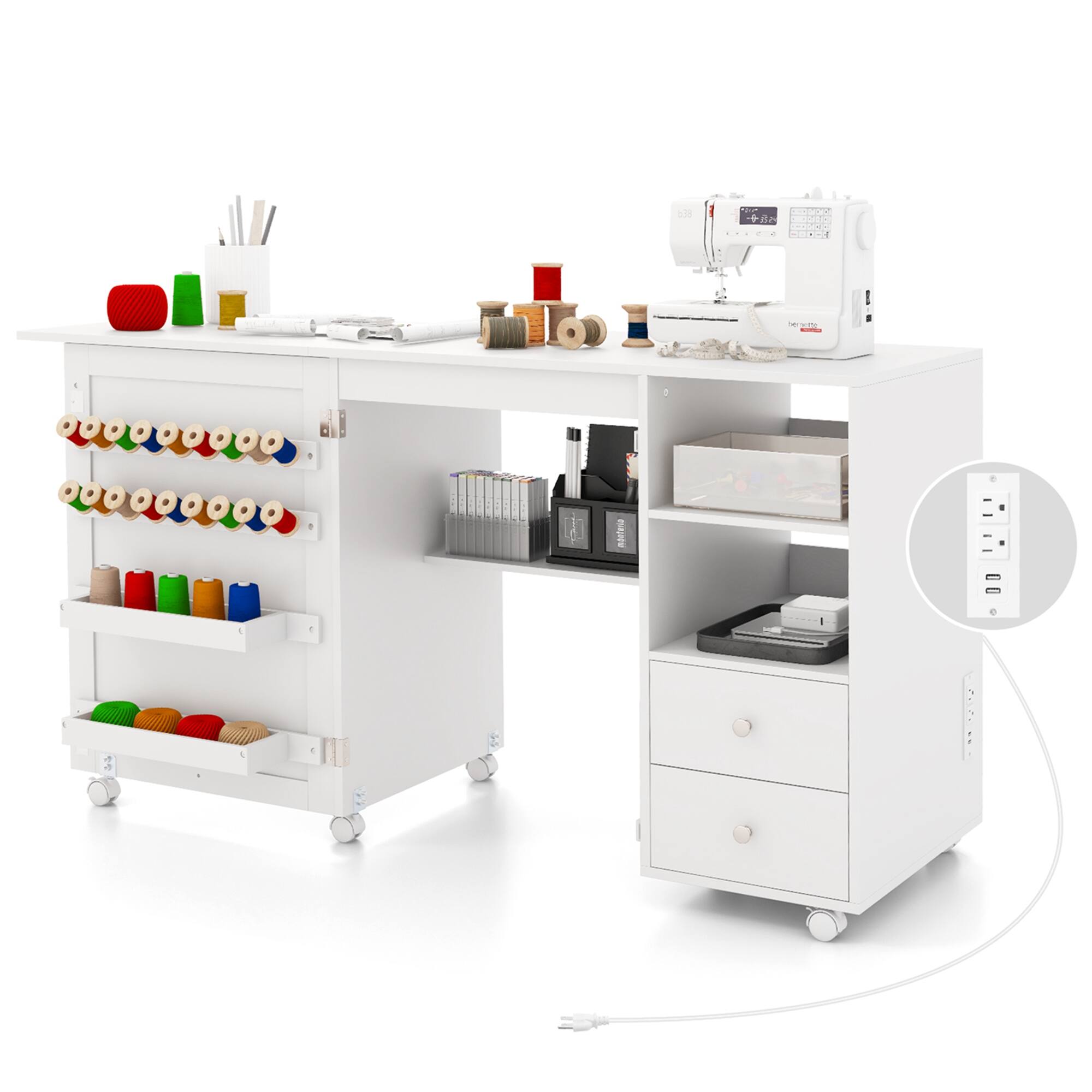 Costway - Folding Sewing Table Charging Station Multifunctional Sewing Machine Cart Table - White