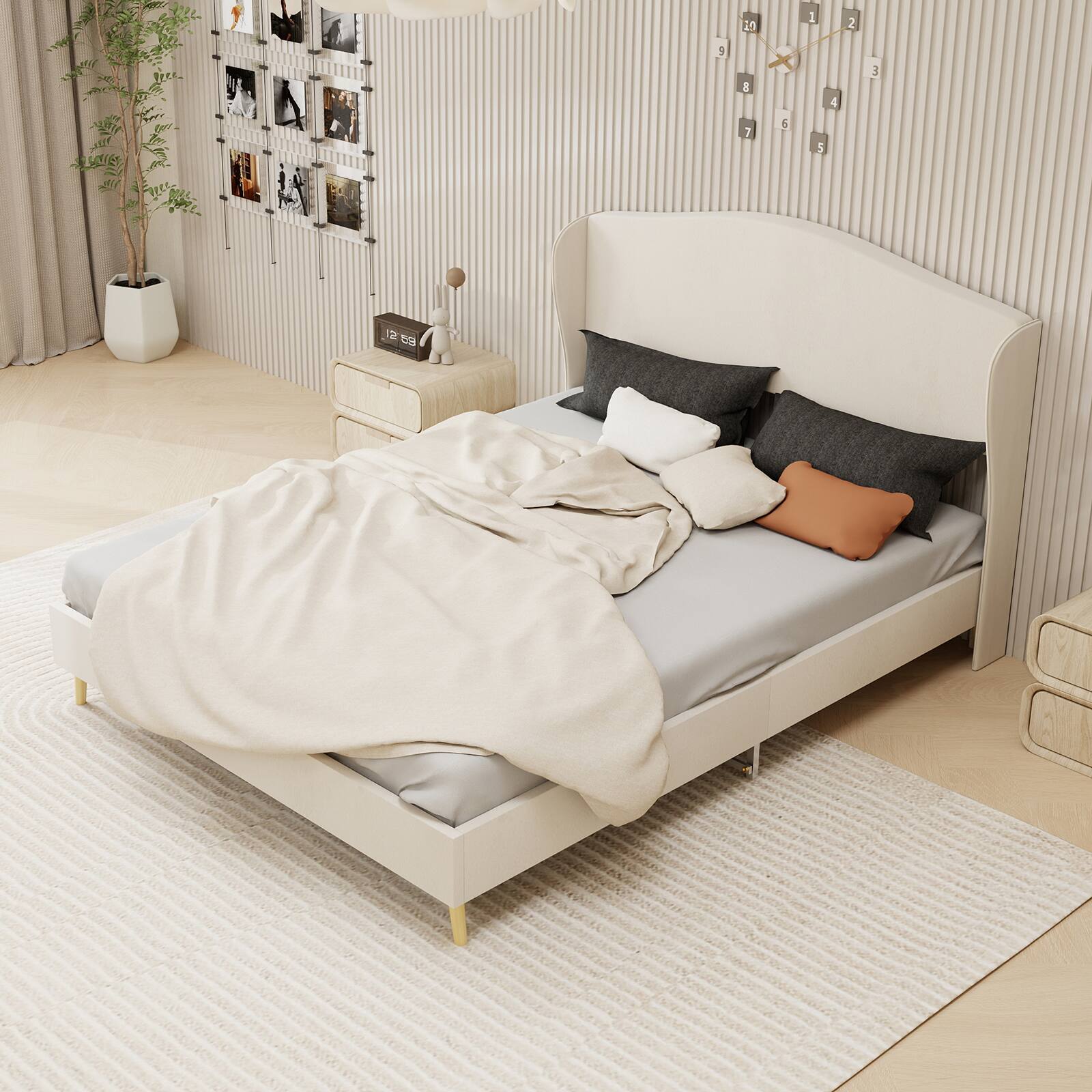 Left. LUCKY ONE - Queen Size Velvet Bed Frame - Beige.