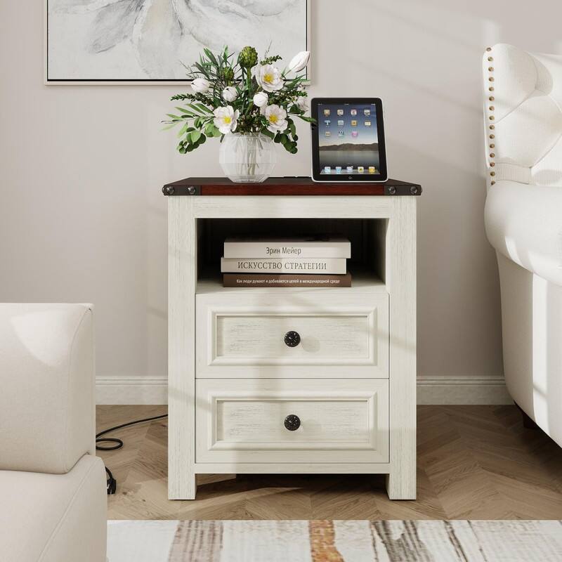 Angle. Vipbear - Vipbear Farmhouse Nightstand with Charging Station 18" Night Stand Set of 2 Drawers Wood Bedside End Table，Set of 2. - White.
