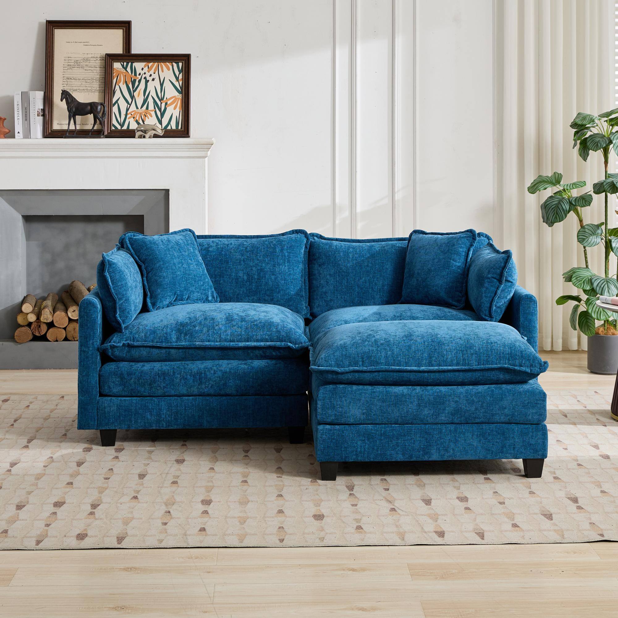 Alt View 2. TinyHomie - Blue Chenille Cloud Loveseat Sectional Sofa No Ottoman - Blue.