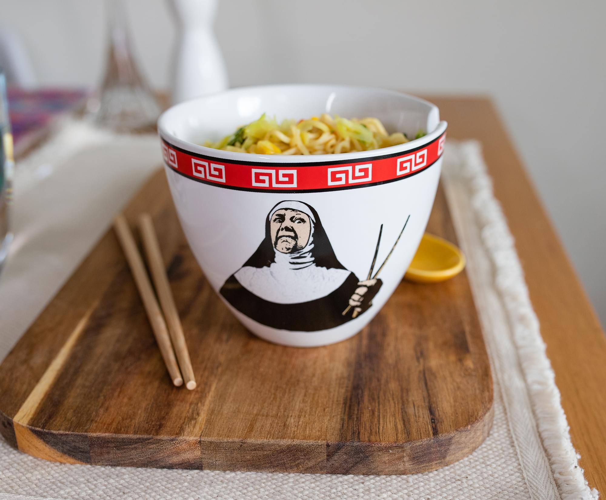 Alt View 4. Boom Trendz - Bowl Bop Ramen Sister Nun Japanese Dinner Set | 16-Ounce Ramen Bowl, Chopsticks - Red.
