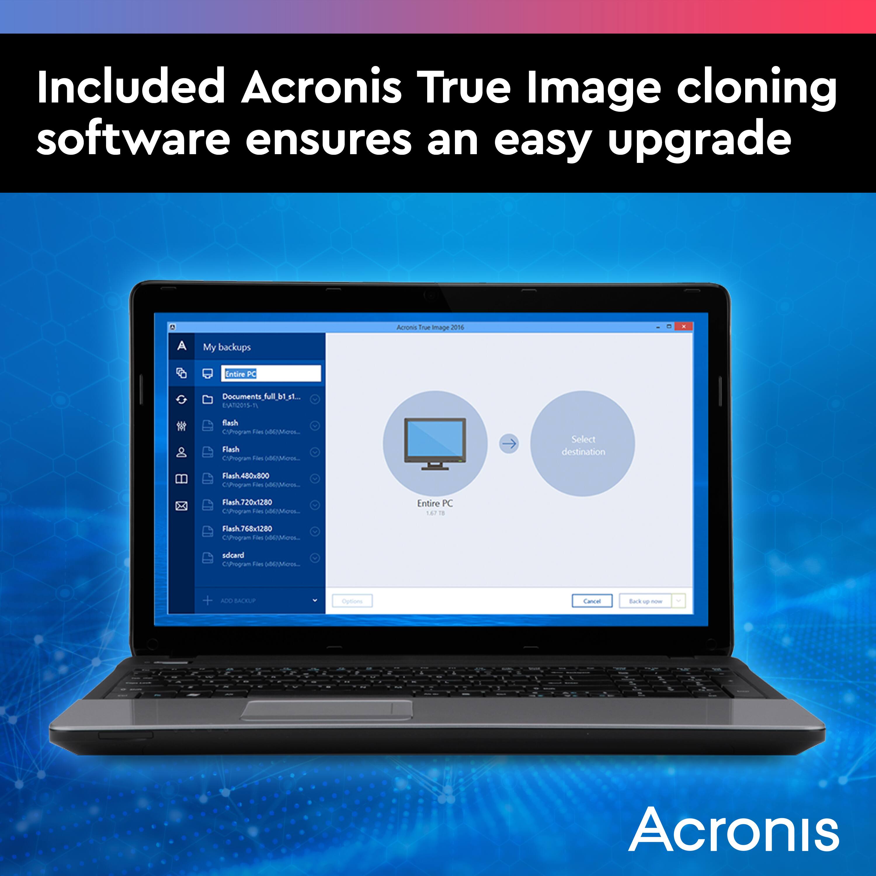 Included Acronis True Image cloning software ensures an easy upgrade. To clone an image, select "Entire PC" and choose the destination. The software will create a full backup of your entire PC, including documents and settings. The image will be saved in a flash drive or other storage device. The Acronis software will guide you through the process, making it easy to clone your computer.