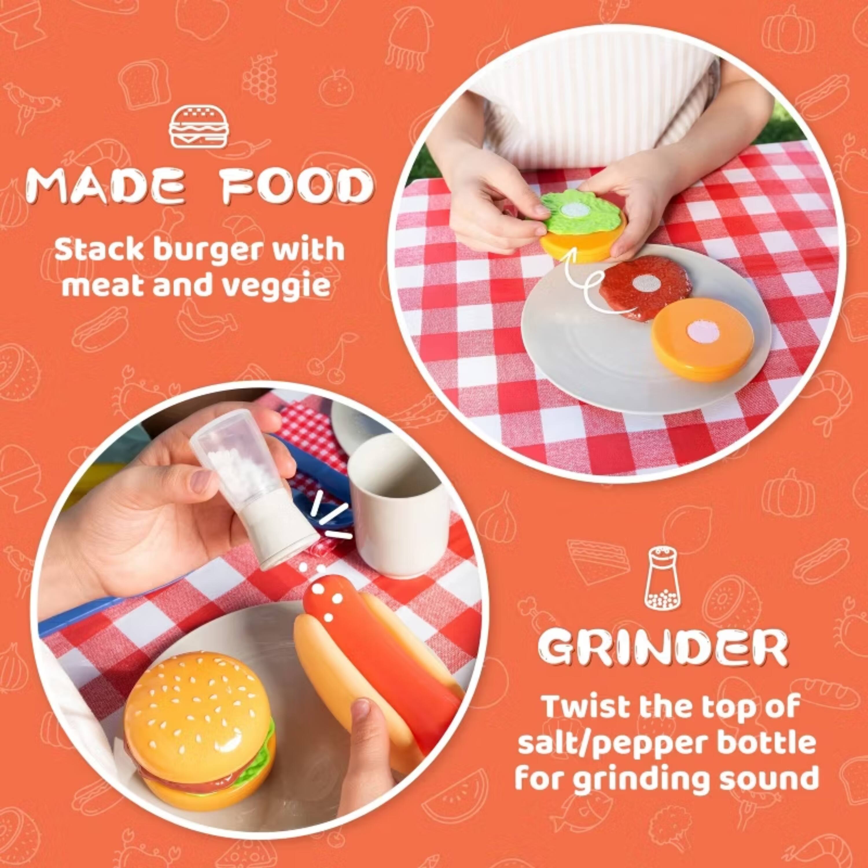 MADE FOOD  
Stack burger with meat and veggie  

GRINDER  
Twist the top of salt/pepper bottle for grinding sound