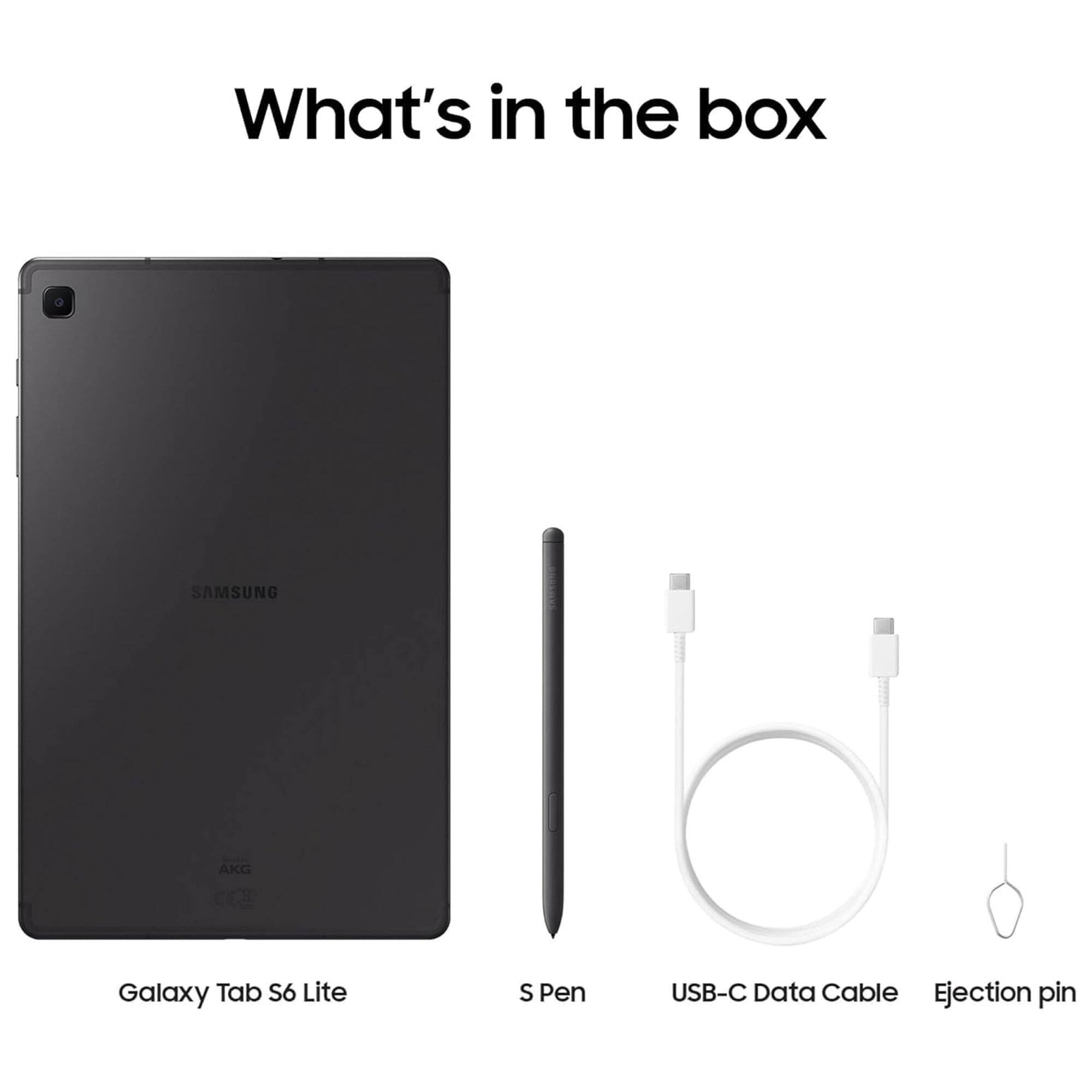 What's in the box

- Galaxy Tab S6 Lite
- S Pen
- USB-C Data Cable
- Ejection pin