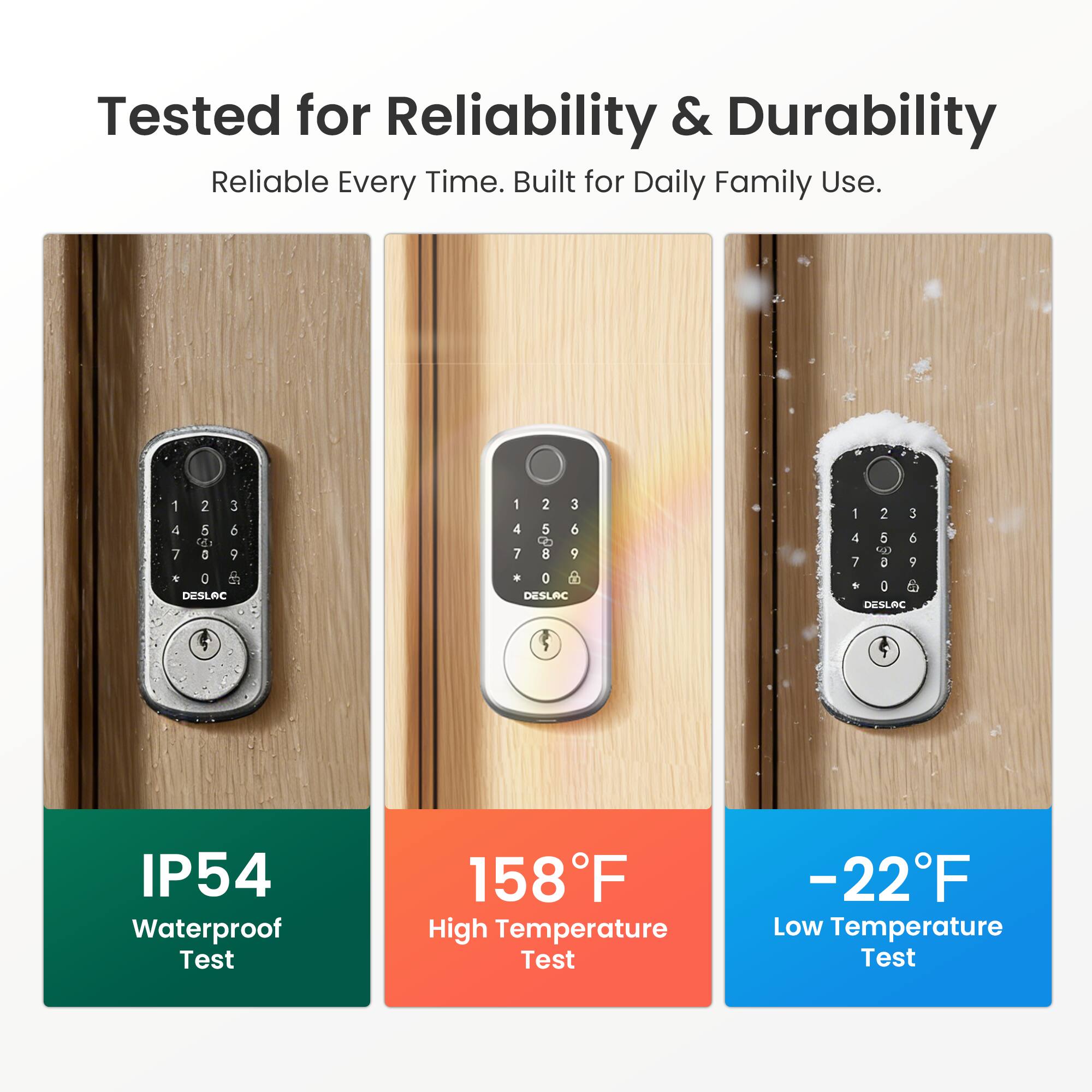 Tested for Reliability & Durability  
Reliable Every Time. Built for Daily Family Use.  

DESLAC  
1 2 3 4 5 6  
7 8 9 0  

DESLAC  
1 2 3 4 5 6  
7 8 9  

DESLAC  
IP54 Waterproof Test  
158°F High Temperature Test  
-22°F Low Temperature Test