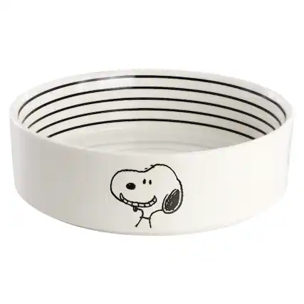 Front. Peanuts - Peanuts Snoopy Suppertime Favorites 6.5in Stoneware Pet Food Bowl - White and Black.