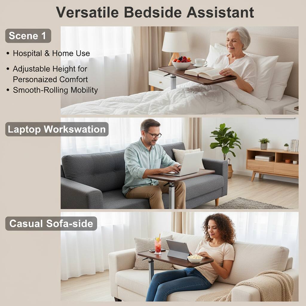 Versatile Bedside Assistant

Scene 1
- Hospital & Home Use
- Adjustable Height for Personalized Comfort
- Smooth-Rolling Mobility

Laptop Workswation

Casual Sofa-side