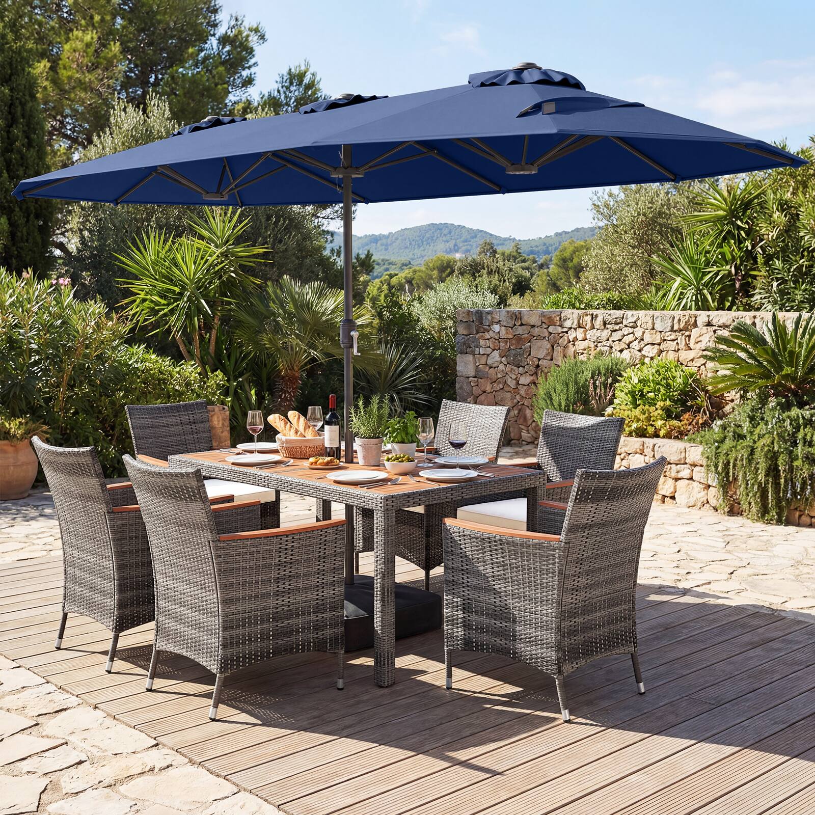 Alt View 3. Gymax - Gymax 8-Piece Patio Dining Set w/ Double-Sided Market Umbrella Acacia Wood Top Navy - Blue.