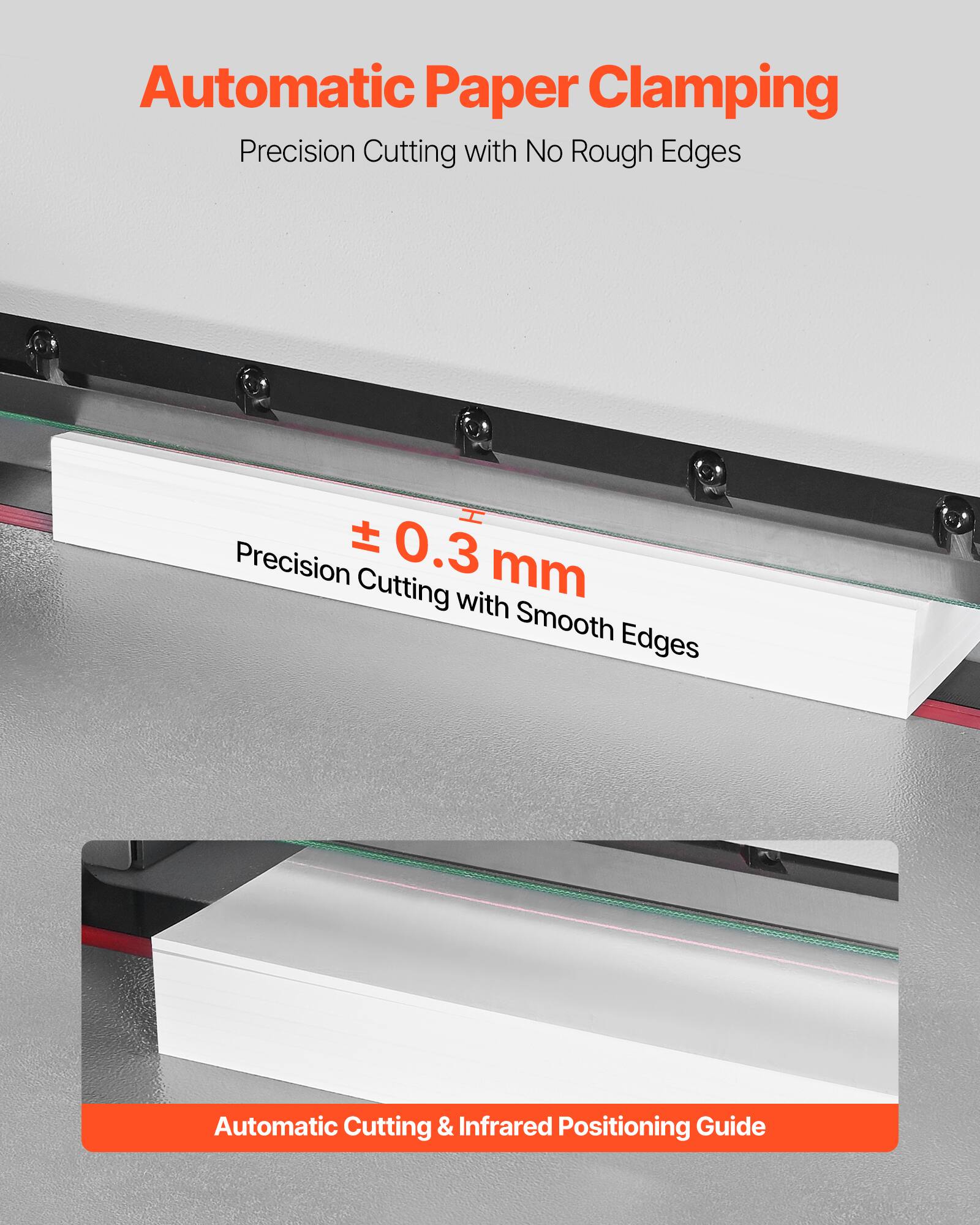 Automatic Paper Clamping  
Precision Cutting with No Rough Edges  

± 0.3 mm  
Precision Cutting with Smooth Edges  

Automatic Cutting & Infrared Positioning Guide
