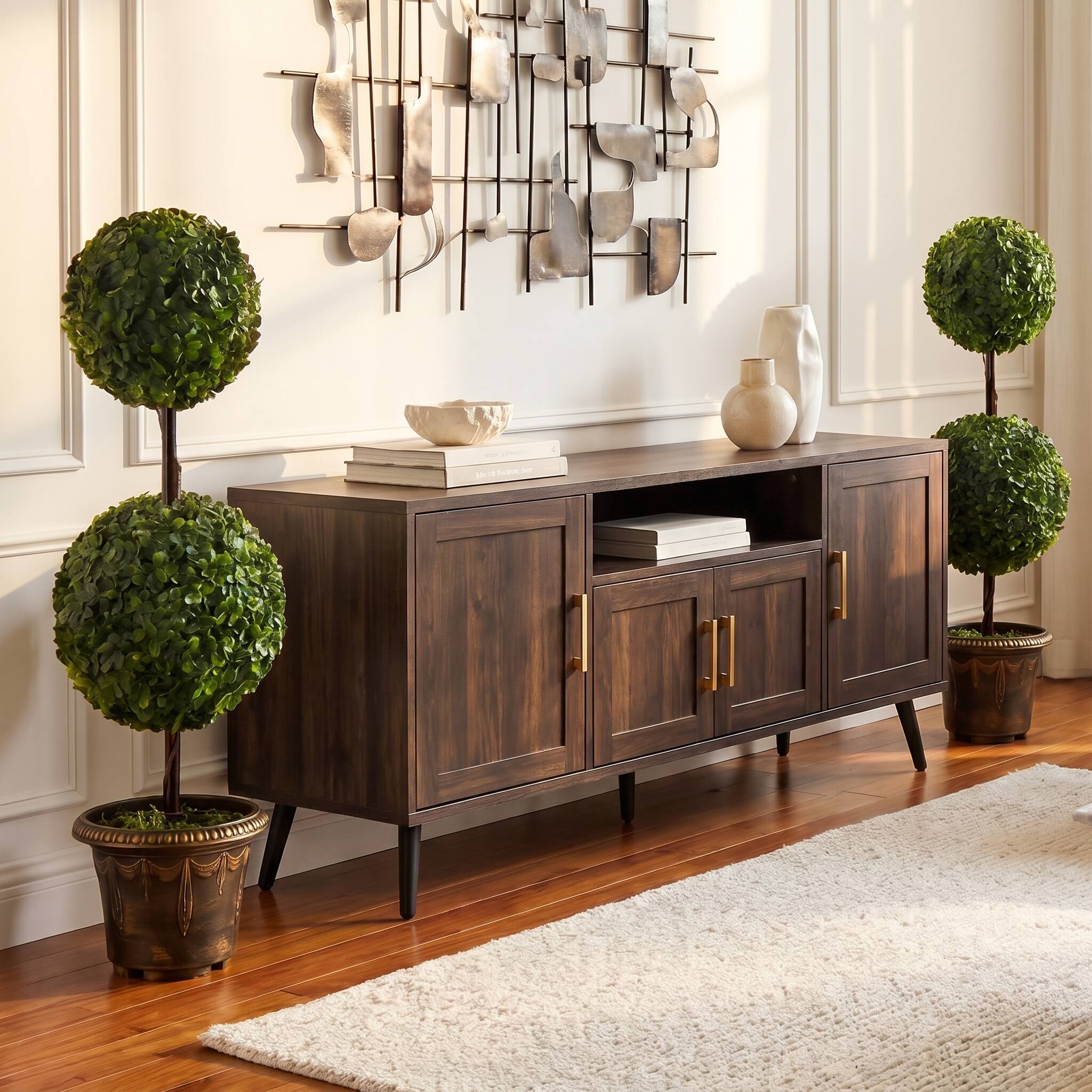 Alt View 4. Costway - Costway 1 PCS Artificial Boxwood Topiary Tree,Sun-Protective Double Ball Shrubs,Potted Plants - Green, Black, Golden.