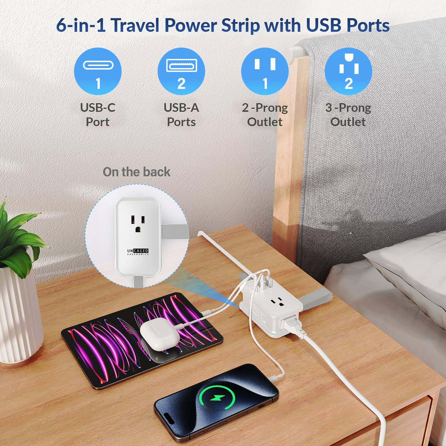 6-in-1 Travel Power Strip with USB Ports

1. USB-C Port
2. USB-A Ports
3. 2-Prong Outlet
4. 3-Prong Outlet

On the back

UN CAGED