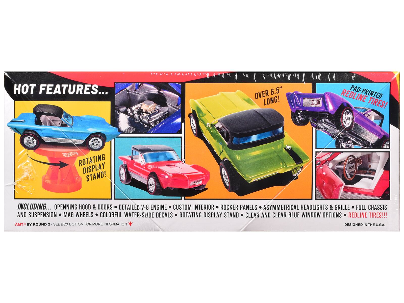 HOT FEATURES...  
OVER 6.5" LONG!  
REDLINE PAD-PRINTED TIRES!  
X ROTATING DISPLAY STAND!  

INCLUDING...  
OPENING HOOD & DOORS  
DETAILED V-8 ENGINE  
CUSTOM INTERIOR  
ROCKER PANELS  
ASYMMETRICAL HEADLIGHTS & GRILLE  
FULL CHASSIS AND SUSPENSION  
MAG WHEELS  
COLORFUL WATER-SLIDE DECALS  
ROTATING DISPLAY STAND  
CLEAR AND CLEAR BLUE WINDOW OPTIONS  
REDLINE TIRES!!!  

AMT BY ROUND 2 - SEE BOX BOTTOM FOR MORE INFORMATION  
DESIGNED IN THE U.S.A.