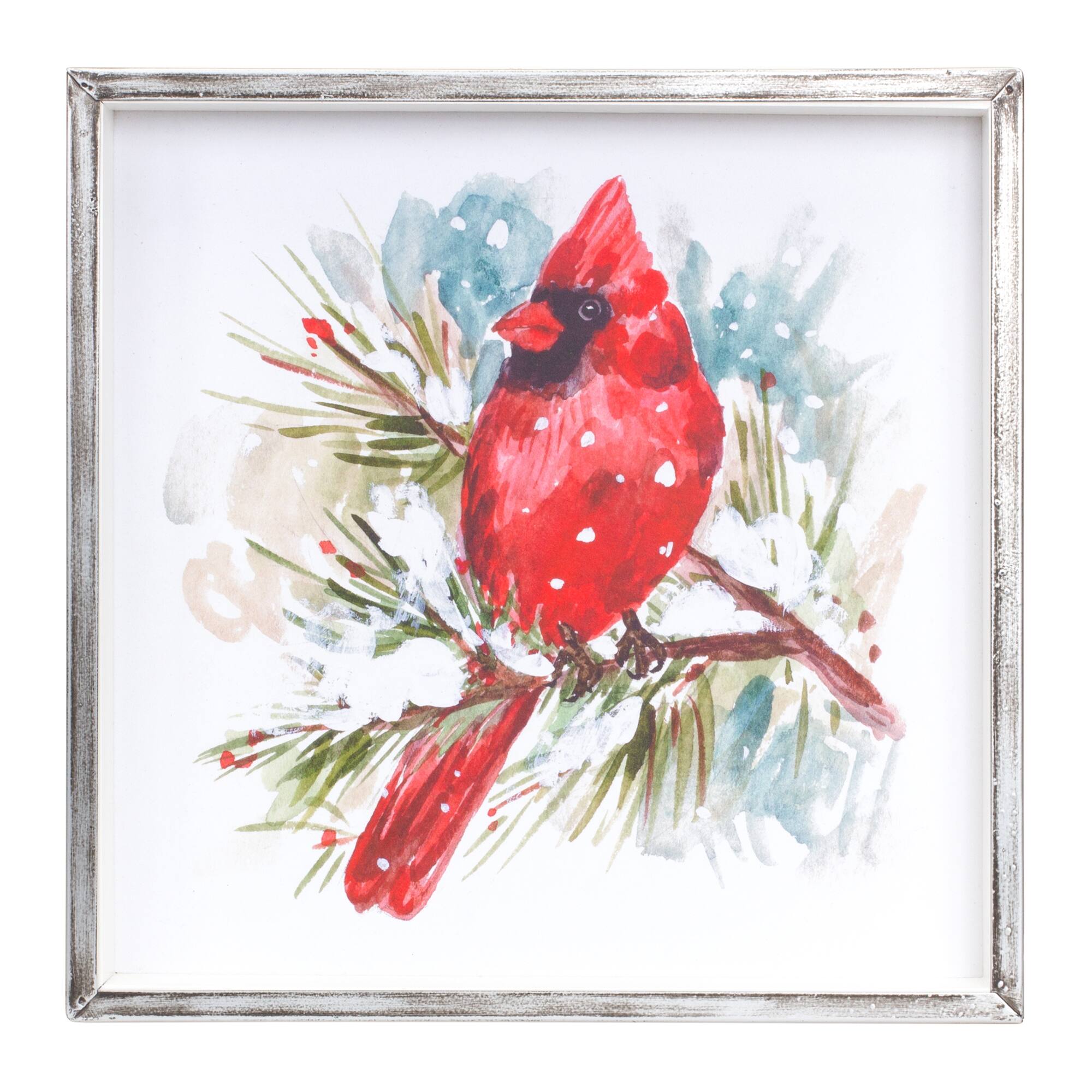 Back. BreeBe - Winter Cardinal and Pine Branch Framed Print (Set of 2) - White, Red, Brown.
