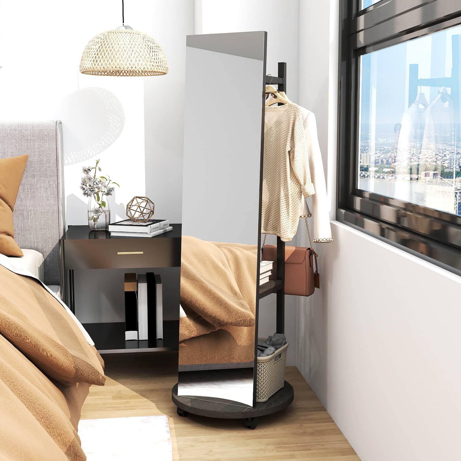 Alt View 4. Costway - Costway Coat Rack with Full Length Mirror, 3 Hooks & Storage Shelves, 360° Swivel Wheels - Black,Walnut.