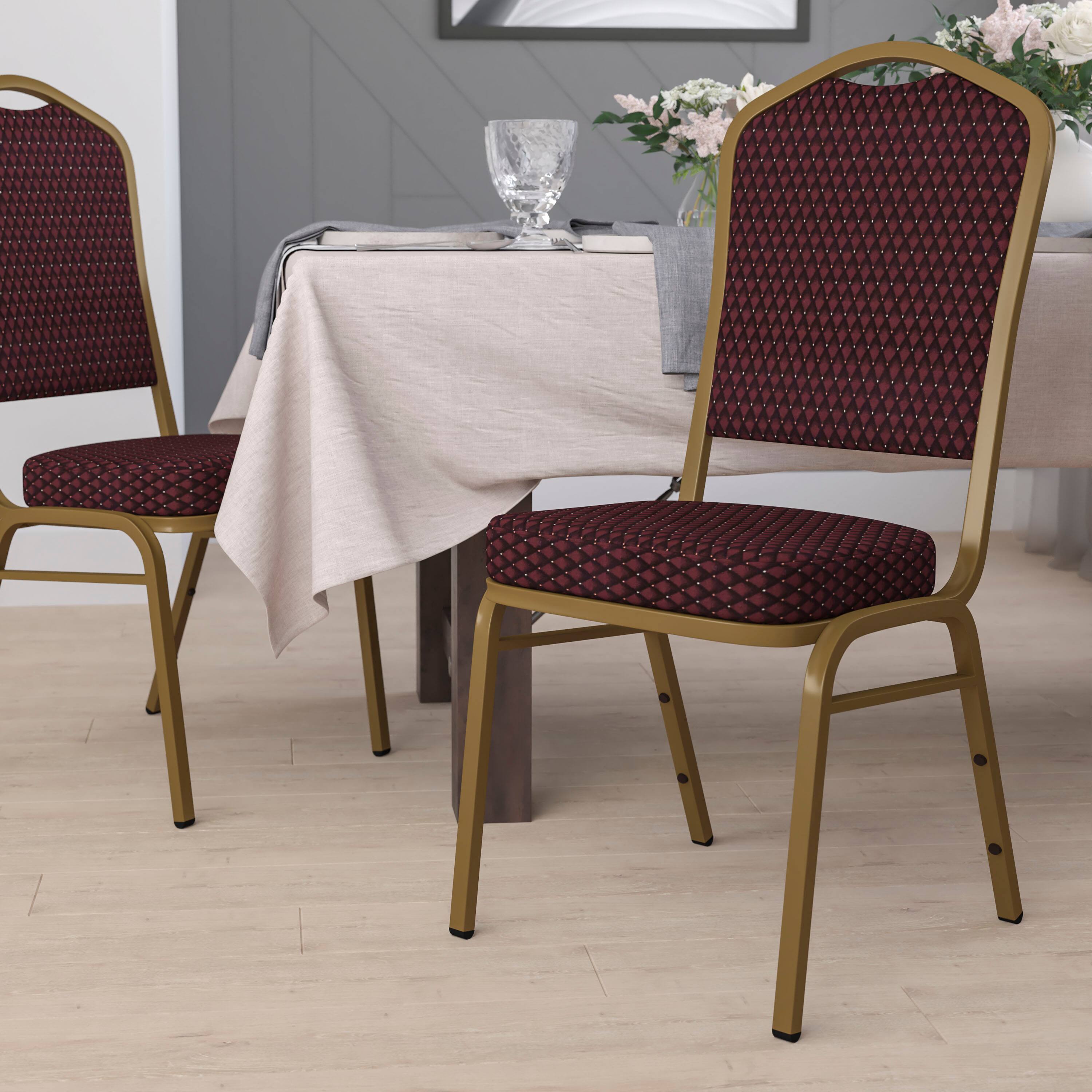 Alt View 1. Emma + Oliver - Crown Back Stacking Banquet Dining Chair - Burgundy Patterned Fabric/Gold Frame.