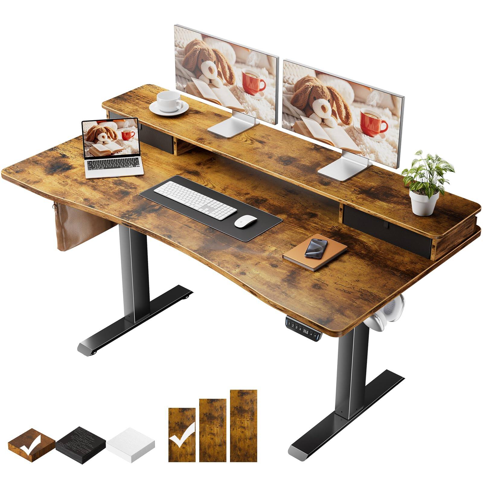 Fabibe - 47.2"*27.6" Standing Desk With Storage Drawers Adjustable Height Computer Table Monitor Shelf Home Office For Office Des - Brown 55x27.6 Inch