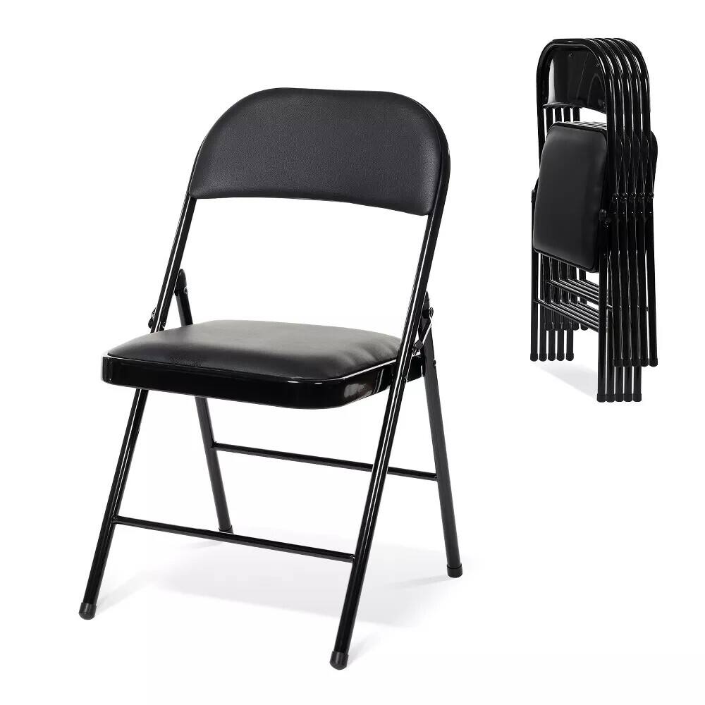 Front. Essen Blissed - 6 Pack Folding Chairs with Padded Seats for Events Home Office, Pu Leather Folding Chair Black - Black.
