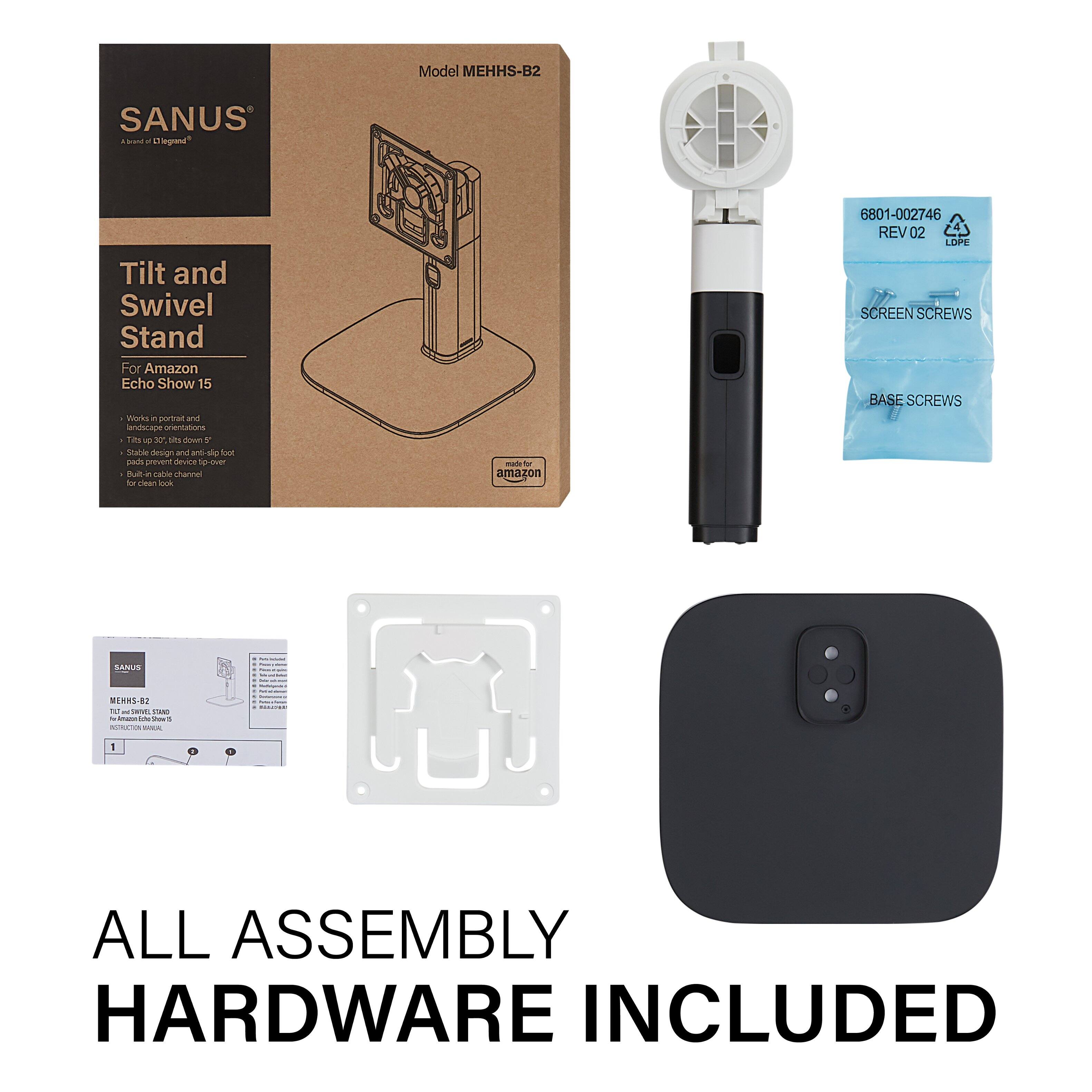The image shows a collection of hardware and assembly parts for a Sanus Tilt and Swivel Stand for the Amazon Echo Show 15. The stand is designed to provide landscape orientations for the device. The package includes a base, screen screws, and other necessary hardware for assembly. The stand is compatible with the Echo Show 15 and comes with all the required hardware for easy assembly.