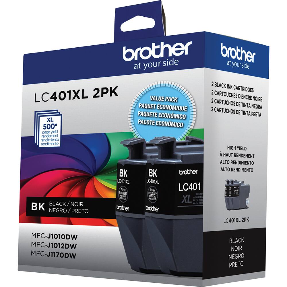 Brother at your side

LC401XL 2PK

2 BLACK INK CARTRIDGES
2 CARTOUCHES D'ENCRE NOIRE
2 CARTUCHOS DE TINTA NEGRA
2 CARTUCHOS DE TINTA PRETA

VALUE PACK
PAQUET ECONOMIQUE
PAQUETE ECONOMICO

XL
500* page yield
rendement
rendimiento

HIGH YIELD
À HAUT RENDEMENT
ALTO RENDIMIENTO
ALTO RENDIMENTO

BK
BLACK / NOIR
NEGRO / PRETO

MFC-J1010DW
MFC-J1012DW
MFC-J1170DW

LC401XL 2PK

BLACK
NOIR
NEGRO
PRETO