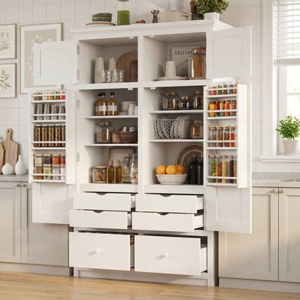 Front. Whisen - 46.5" W Kitchen Pantry Cabinet, Freestanding Storage Hutch with 6 Drawers & 8 Door Shelves - White.
