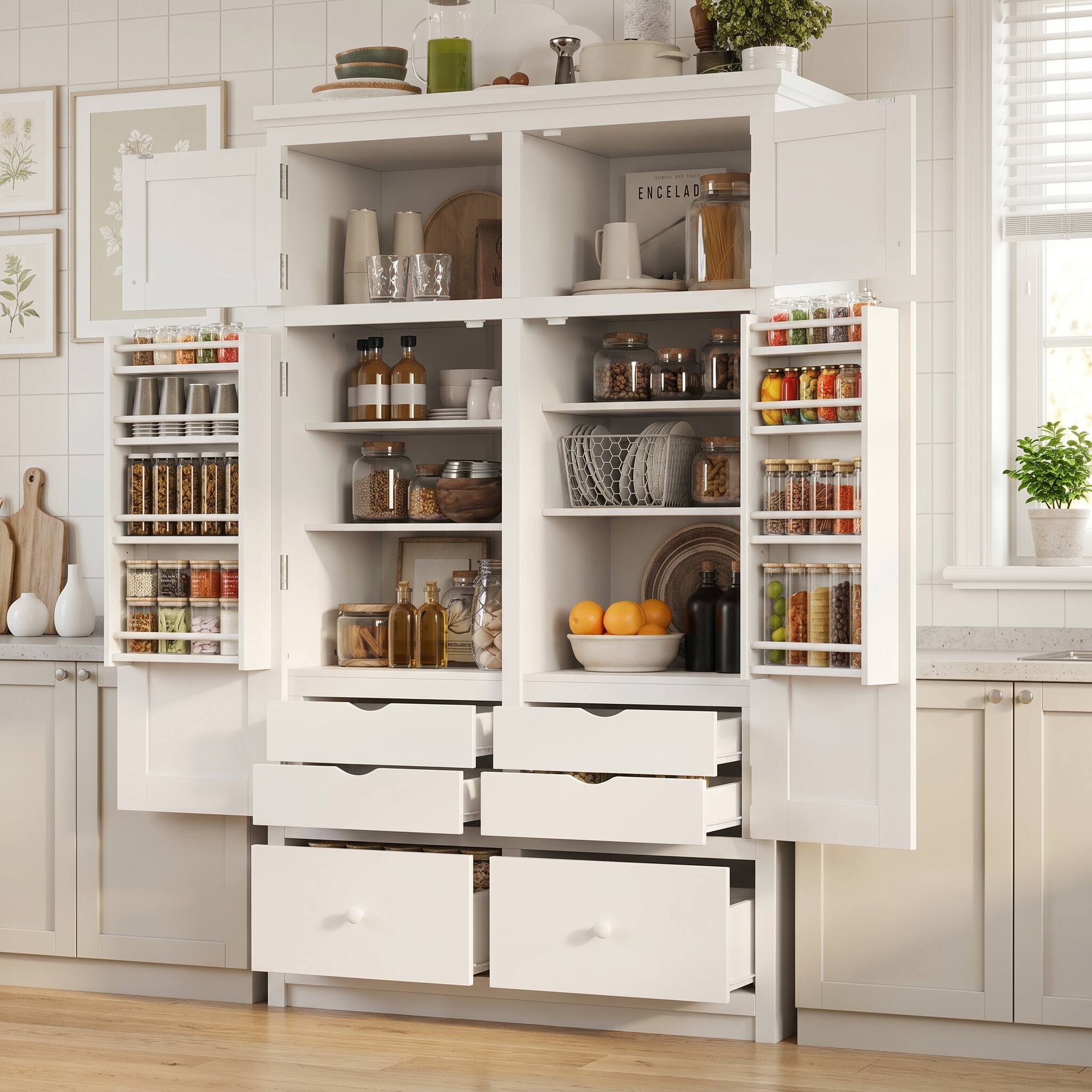 Front. Whisen - 46.5" W Kitchen Pantry Cabinet, Freestanding Storage Hutch with 6 Drawers & 8 Door Shelves - White.