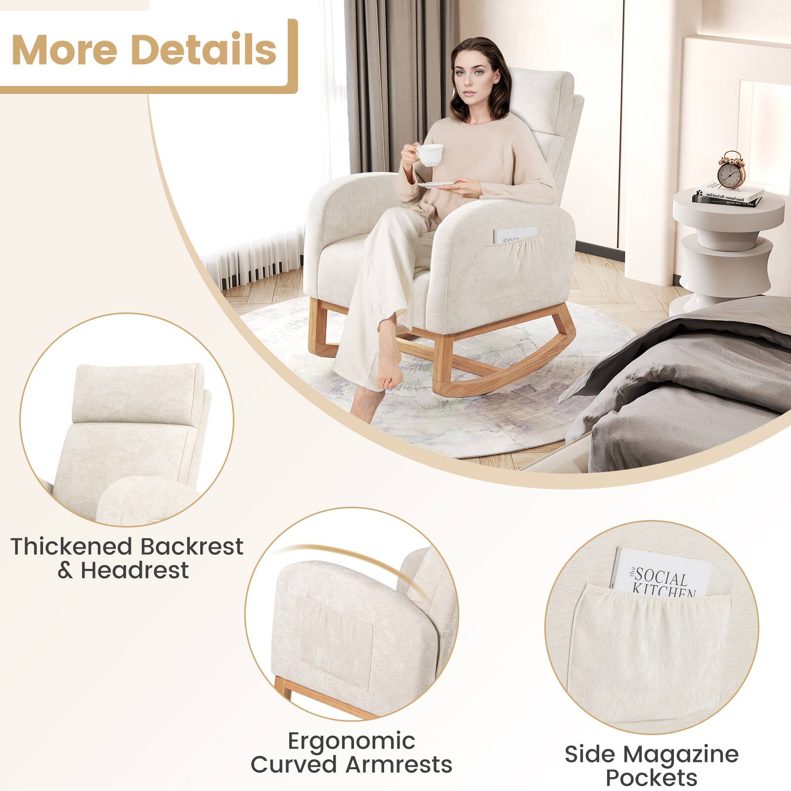 More Details

- Thickened Backrest & Headrest
- Ergonomic Curved Armrests
- Side Magazine Pockets