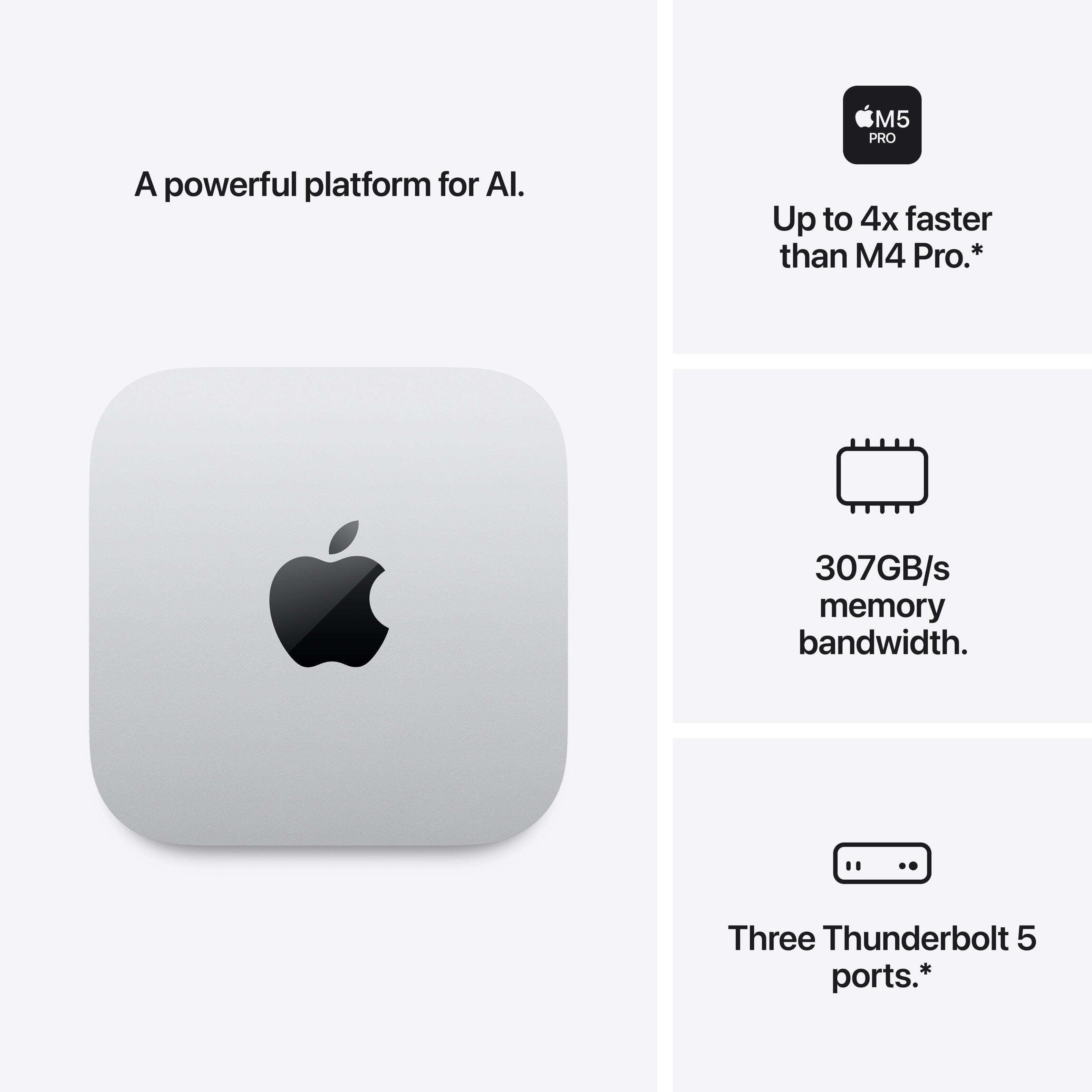 M5 PRO  
A powerful platform for AI.  
Up to 4x faster than M4 Pro.*  
307GB/s memory bandwidth.  
Three Thunderbolt 5 ports.*