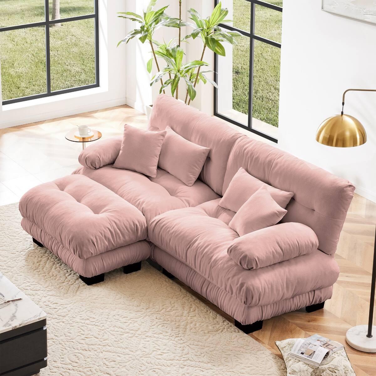 Front. Ropilly - Ropilly Pink Chenille Sectional Sofa, 2 Seater Sofa with Ottoman, Cloud Couch for Living Room - Pink.