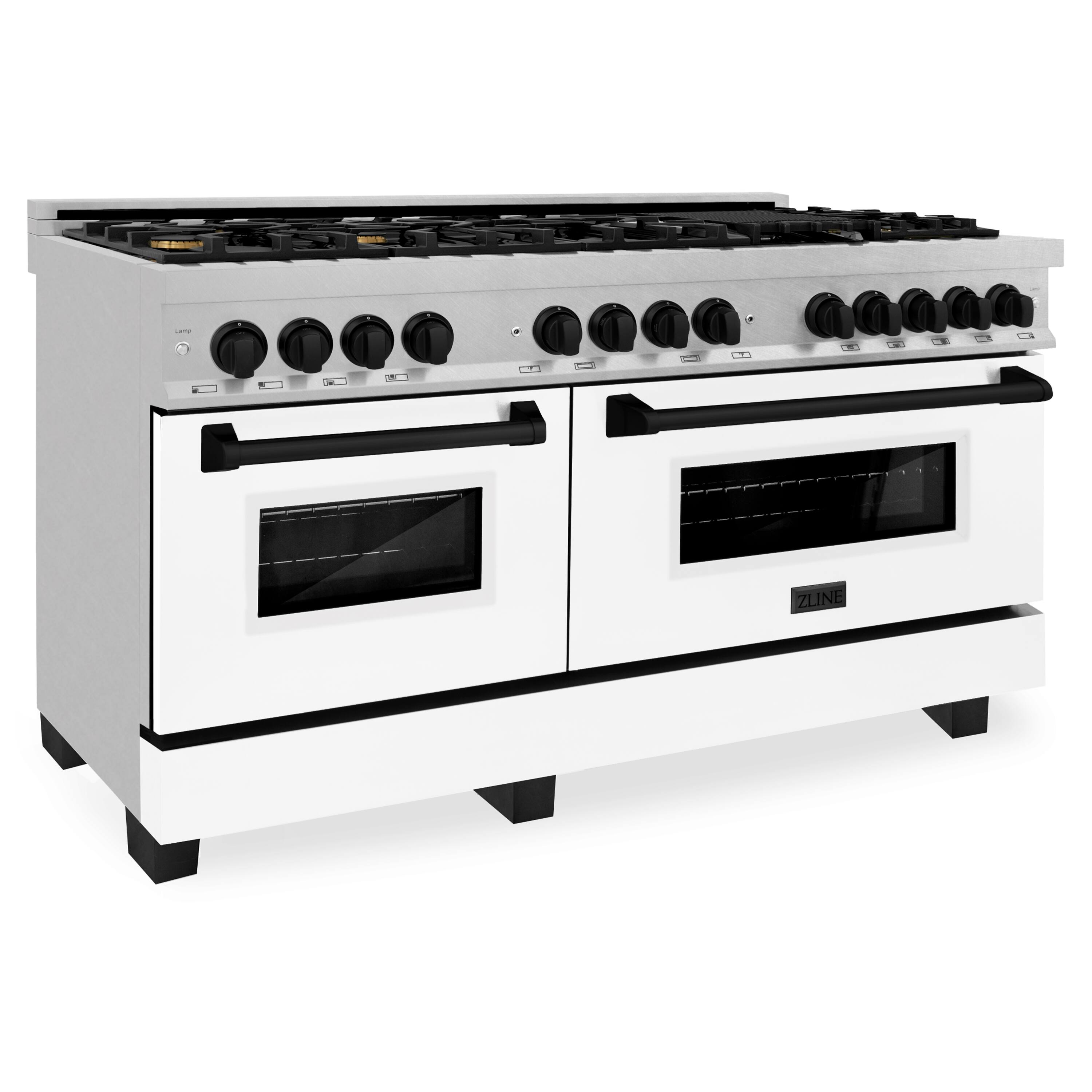Left. ZLINE - ZLINE Autograph 60 in. Legacy Dual Fuel Range in Satin Steel w/ White & Black Accents (RASZ-WM-60-MB) - Stainless steel.
