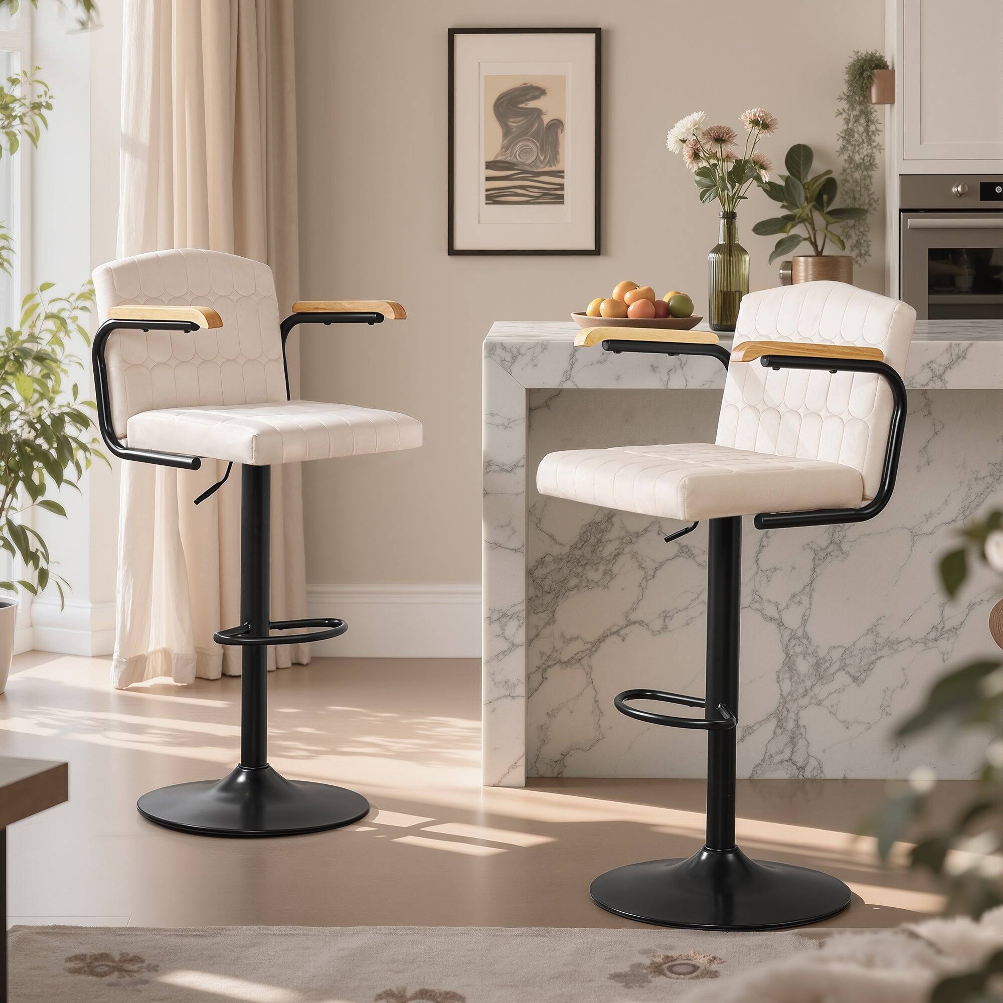 Angle. Vecelo - Set of 4 Swivel Bar Stools with Adjustable Height - Beige Flocking Upholstered Counter Height Stools with  Footrest - Beige.