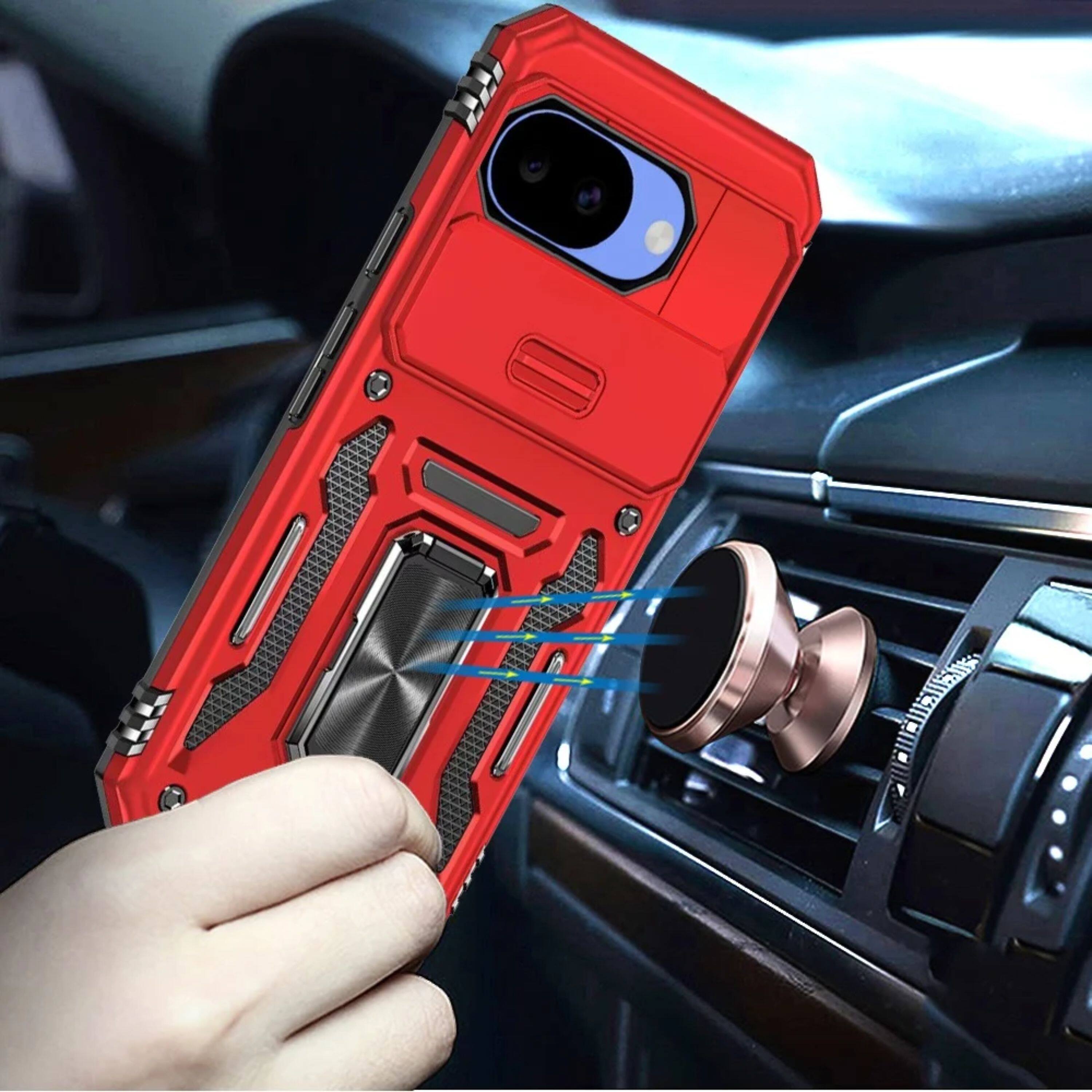 Angle. Kitcheniva - Shockproof Camera Lens Sliding Cover Magnetic Ring Stand Phone Case With Tempered Glass For Google Pixel 10a Red - Red.