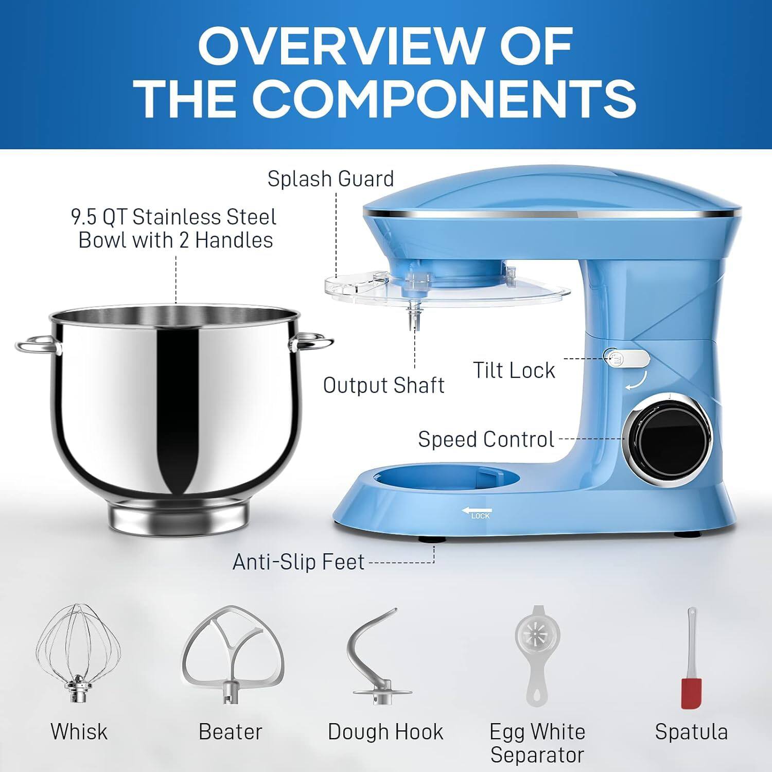 OVERVIEW OF THE COMPONENTS

- Splash Guard
- 9.5 QT Stainless Steel Bowl with 2 Handles
- Output Shaft
- Tilt Lock
- Speed Control
- Anti-Slip Feet
- Whisk
- Beater
- Dough Hook
- Egg White Separator
- Spatula