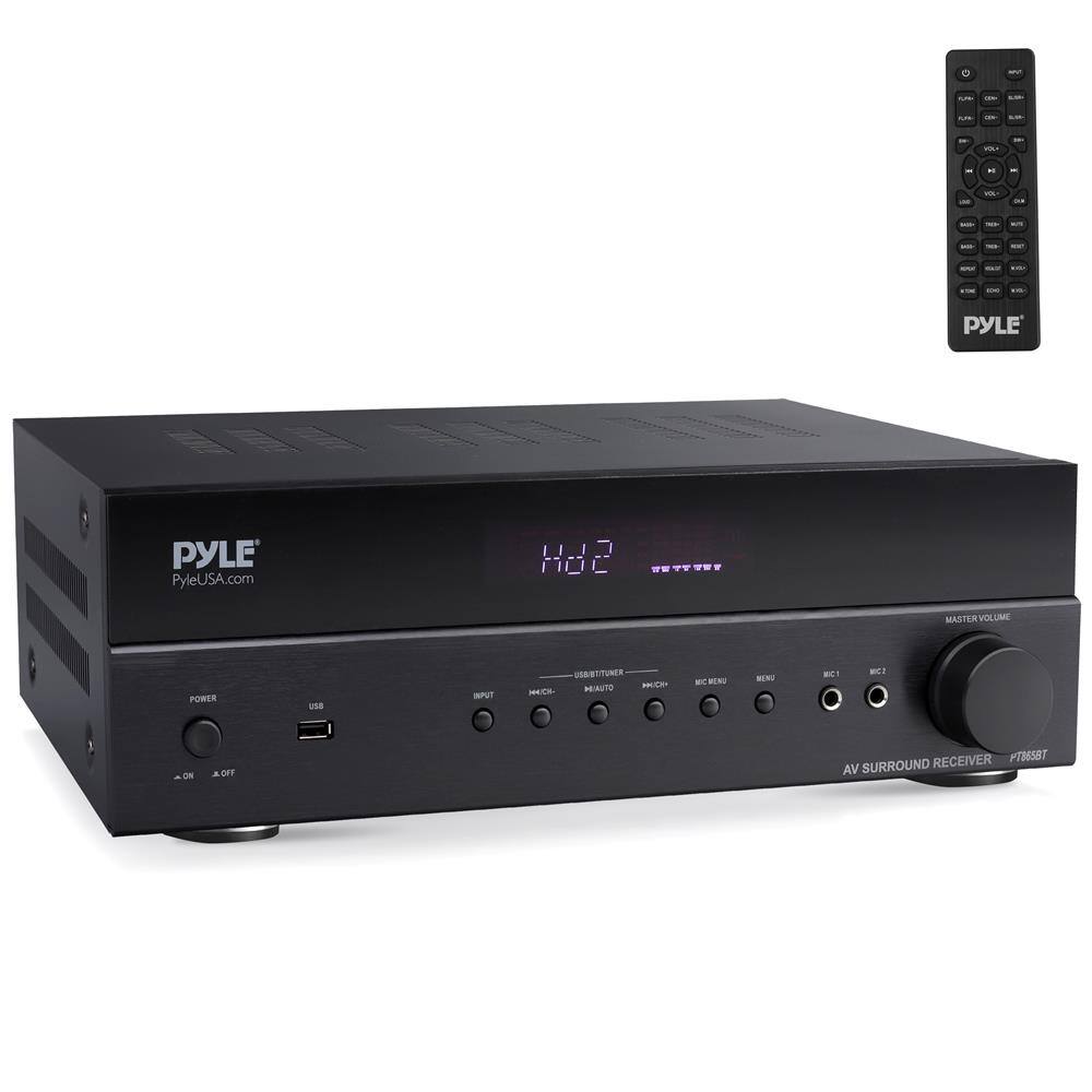 - PYLE
- PyleUSA.com
- HD2
- MASTER VOLUME
- USB/TUNER
- MIC 1
- MIC 2
- AV SURROUND RECEIVER
- TM688T
- POWER
- USB
- INPUT
- M40
- ON
- OFF