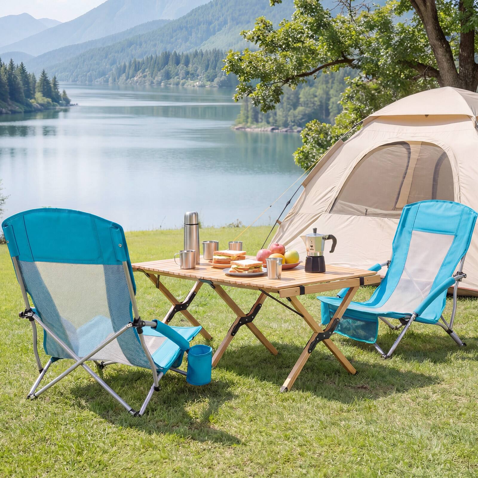 Alt View 4. Gymax - Gymax 2PCS Folding Beach Chairs Portable Lightweight Low Seat Chairs w/Padded Armrests - Blue.