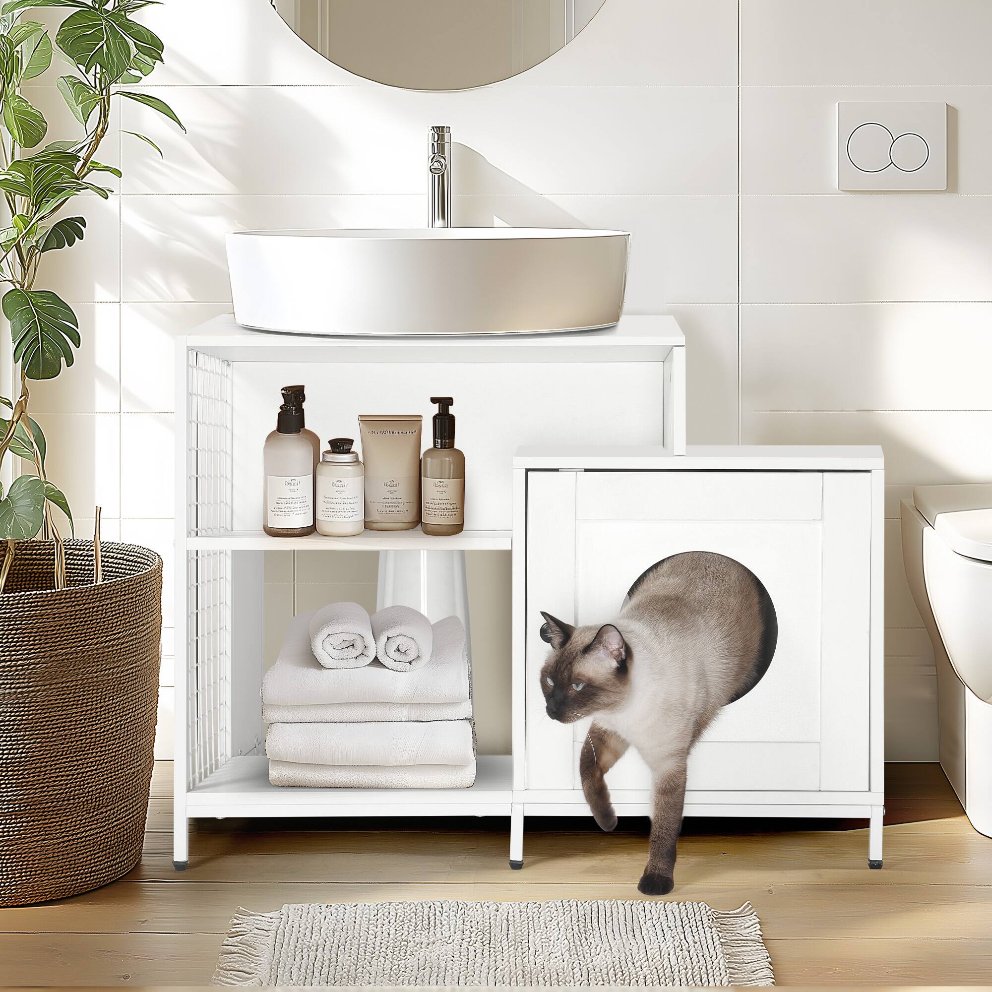 Angle. APRILSOUL - Cat Litter Box Enclosure for Bathroom Hidden Pet Washroom Indoor Cat House for Large Cats White - White.