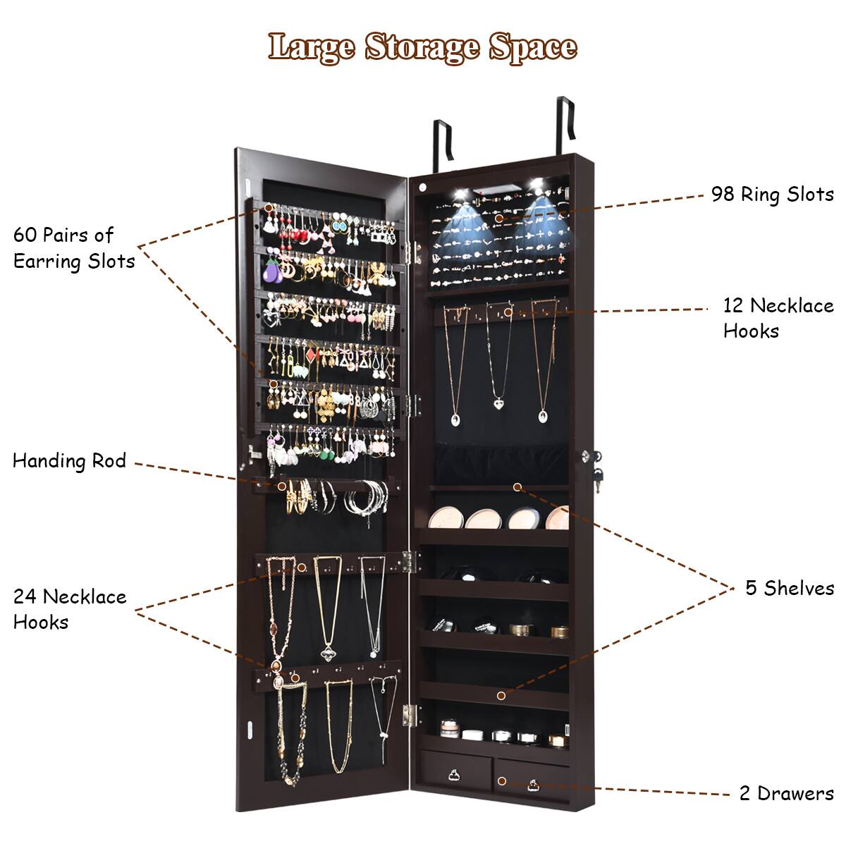Large Storage Space: 98 Ring Slots, 60 Pairs of Earring Slots, 12 Necklace Hooks, Handing Rod, 24 Necklace Hooks, 5 Shelves, 2 Drawers.