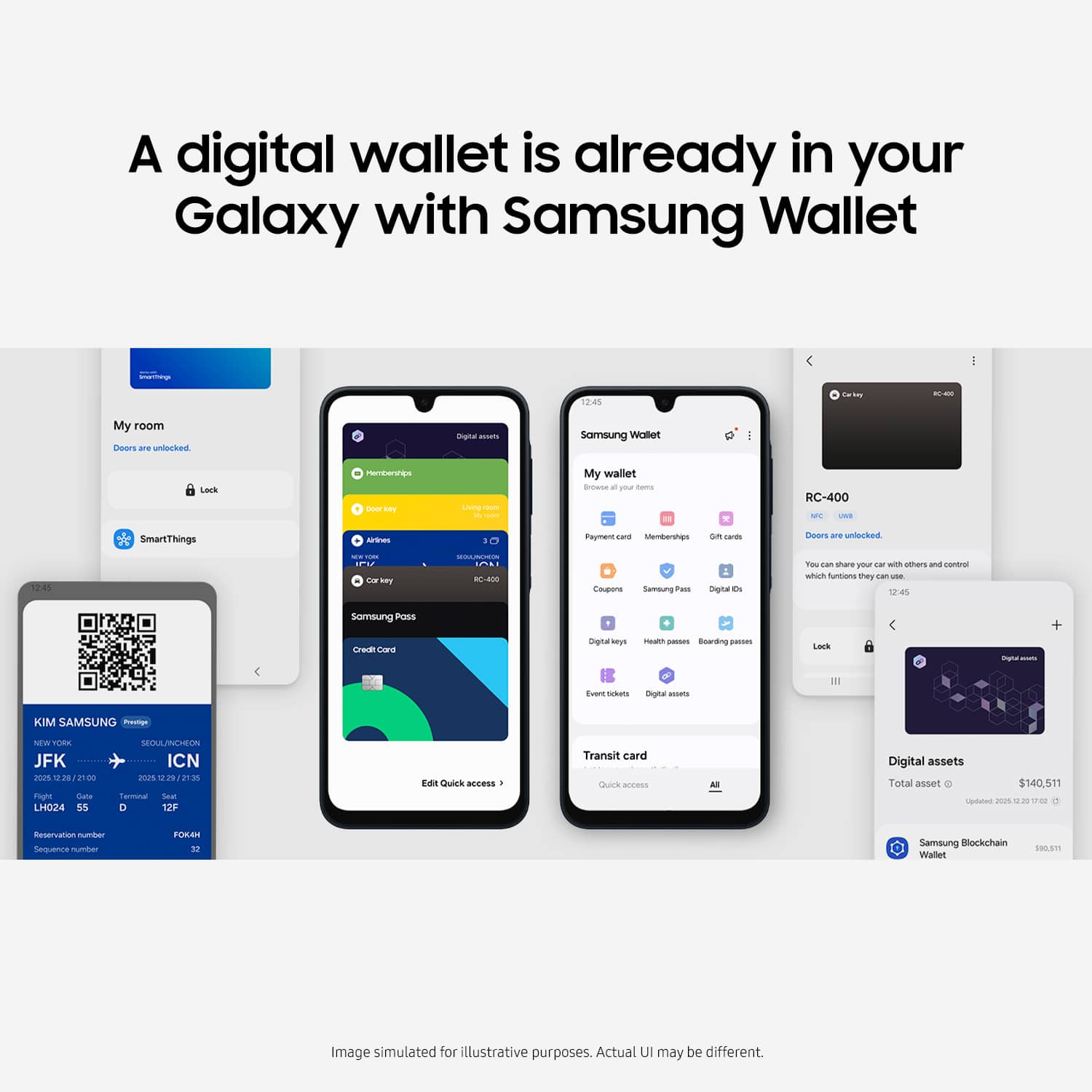A digital wallet is already in your Galaxy with Samsung Wallet - I re45 SE1 -- My room canors are unferked Digital msats Samsung Wolet I Lock memtwrigs usor-s LA - - - My wallet anoan d your - RC-400 - V SmartThings A . C Payment tand Membershge on cADs (sors a. urked 1245 i ... Ca Sry 004-38 Caa Samoung Pass Dgital - cun shane yur EW - others and COS hu funtiana they - - 12:-4 samsung POSS Ched Gres irana ierye un - Boartng pase Lock mgna - + T nats Dgta assams KIM SAMSUNG - -- TORK JFK mis * m 10 -o Flgha Gata LHO24 55 MRA CORAMNCO ICN ms * i Teca Sean D T2P Edit Quisk azeS Transit card nrs arcess Digital assets Total asset o $140.511 sdatu mes 3 shee eservaton number Sequence number FOWAN 30 Samoung @lockchain Wallel 580:505