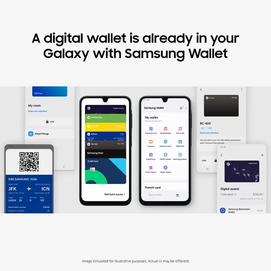 A digital wallet is already in your Galaxy with Samsung Wallet - I re45 SE1 -- My room canors are unferked Digital msats Samsung Wolet I Lock memtwrigs usor-s LA - - - My wallet anoan d your - RC-400 - V SmartThings A . C Payment tand Membershge on cADs (sors a. urked 1245 i ... Ca Sry 004-38 Caa Samoung Pass Dgital  - cun shane yur EW - others and COS hu funtiana they - - 12:-4 samsung POSS Ched Gres irana ierye un - Boartng pase Lock mgna - + T nats Dgta assams KIM SAMSUNG - -- TORK JFK mis * m 10 -o Flgha Gata LHO24 55 MRA CORAMNCO ICN ms * i  Teca Sean D T2P Edit Quisk azeS Transit card nrs arcess Digital assets Total asset o $140.511 sdatu mes 3 shee eservaton number Sequence number FOWAN 30 Samoung @lockchain Wallel 580:505