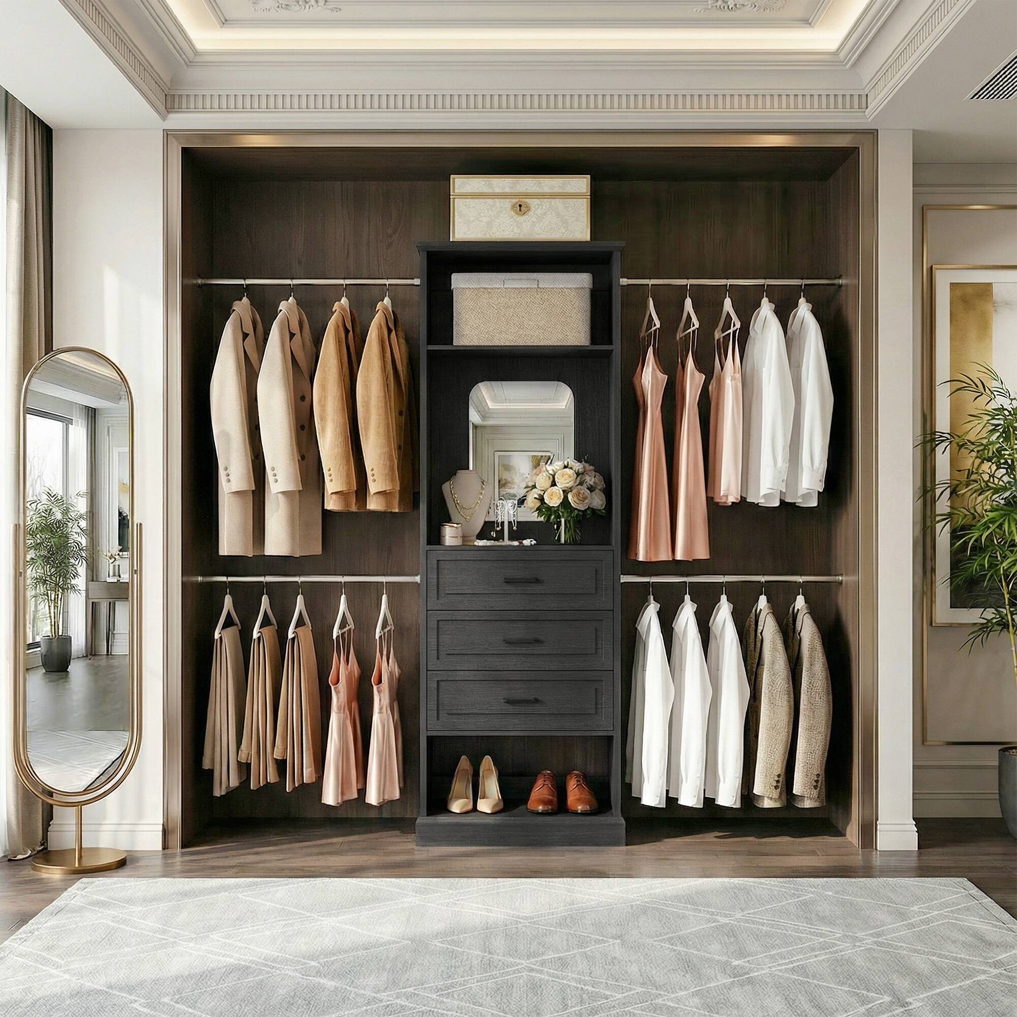 Alt View 2. Aheaplus - 26'' - 110'' W Adjustable Closet Organizer System with 3 Drawers, 4 Retractable Hanging Rods and Mirror - Black.
