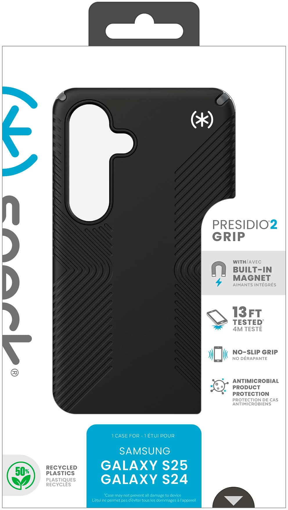 Presidio2 Grip with Built-In Magnet Samsung Galaxy S24 4M Drop Protection 13 ft. No-Slip Grip Antimicrobial Product Protection 1 Case for Samsung Recycled Plastics Recycles 50% Plastics 1 Case may not prevent all damage to device.