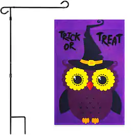 G128 - Combo Pack: 36" x 16" Garden Flag Stand with 12" x 18" Trick or Treat Owl Garden Flag - Assorted Colors