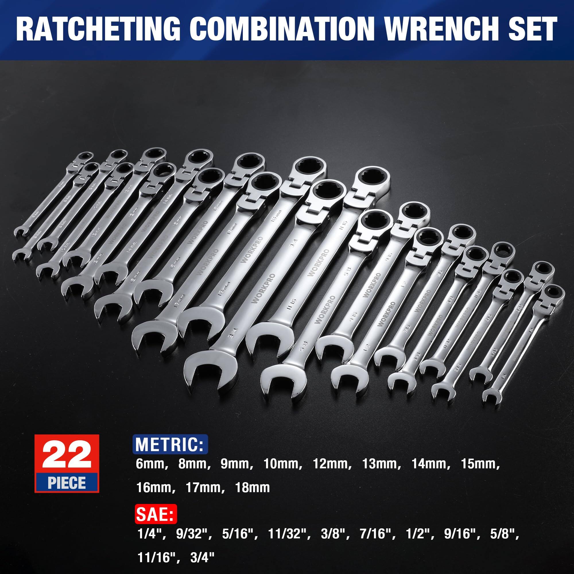 RATCHETING COMBINATION WRENCH SET

22 PIECE

METRIC:
6mm, 8mm, 9mm, 10mm, 12mm, 13mm, 14mm, 15mm, 16mm, 17mm, 18mm

SAE:
1/4", 9/32", 5/16", 11/32", 3/8", 7/16", 1/2", 9/16", 5/8", 11/16", 3/4"