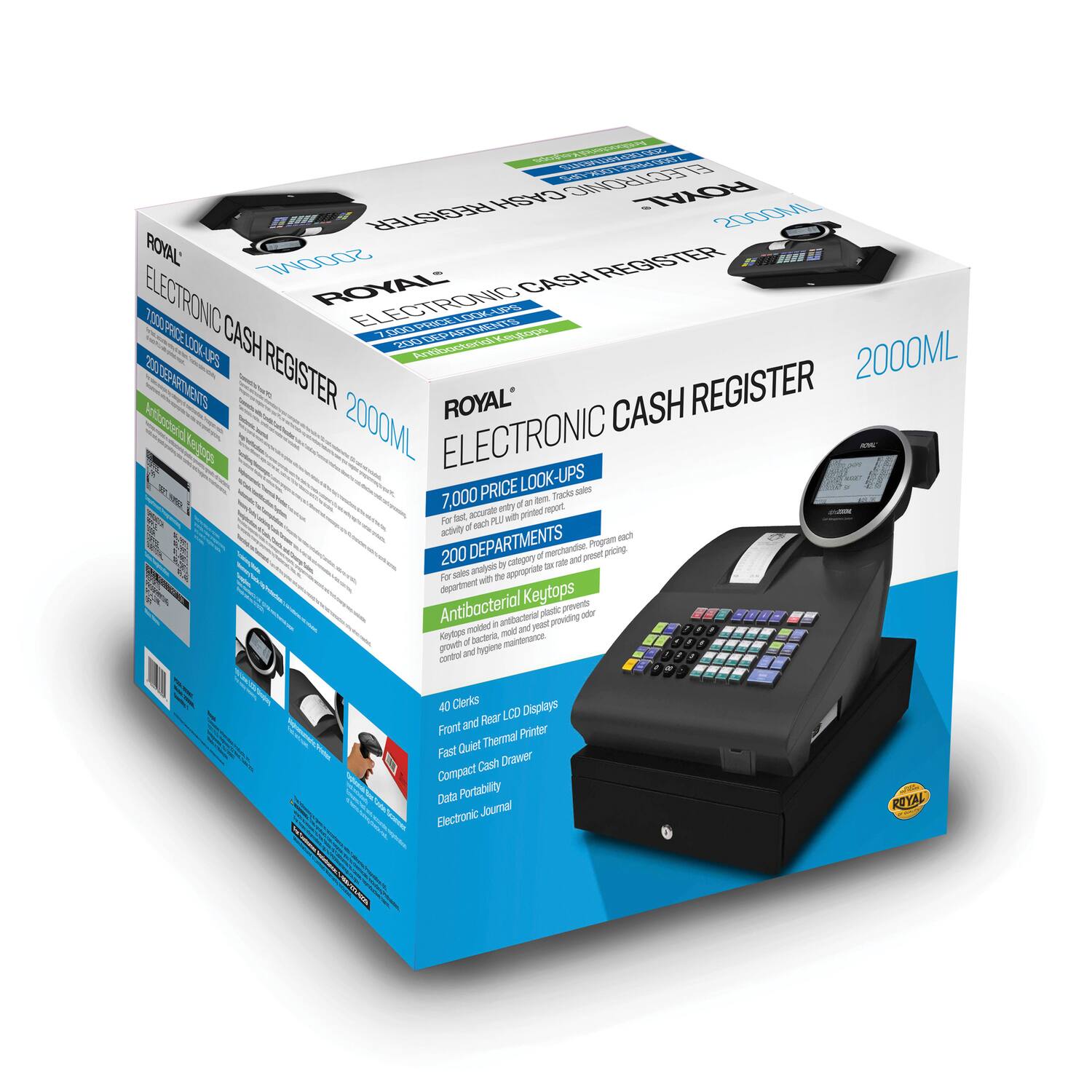 DO- CASHA 1OS ROYAL REGISTER 2000ML ROYAL 2000ML REGISTER sIE ROYAL CASH ELECTRONIC V1S SOUPRIE ELECTRONIC % LSOLAPS CASH 2ATP f 2000ML "E0 EN REGISTER ROYAL* CASH REGISTER Atitartardl d 2000ML ELECTRONIC - - PRICE LOOK-UPS - 7,000 a Tracks - wy a an mgort Au D acra P Ne printer a - aconity -3 200 DEPARTMENTS calogaty d mctanda and oret Pagran prizing ay - - - - ms rt - For The The aeatmest Keytops Antibacterial ple pr antbacterial Mr I a y pioldn -e0 au Retps a Jacteia mantenanca growt ane Sgiene - - 40 Clerks Displays Reur LCO Front and Thermal Printer Fast Quiet Cash Drawver Compact Dats Portability Blectronic Journal ROYAL