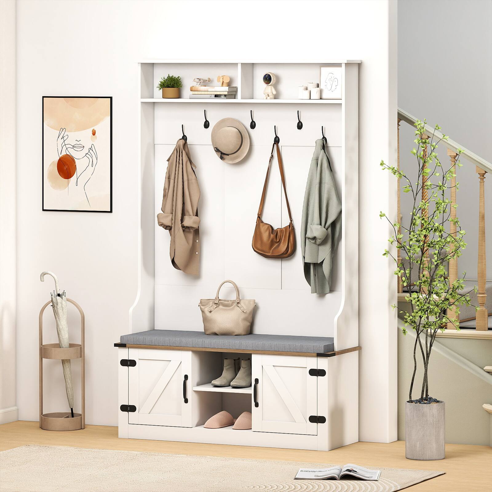 Alt View 3. Gymax - Gymax 68.5'' 4-in-1 Hall Tree w/Cushioned Bench Shoe Storage 7 Hooks 2 Cabinets White - White.