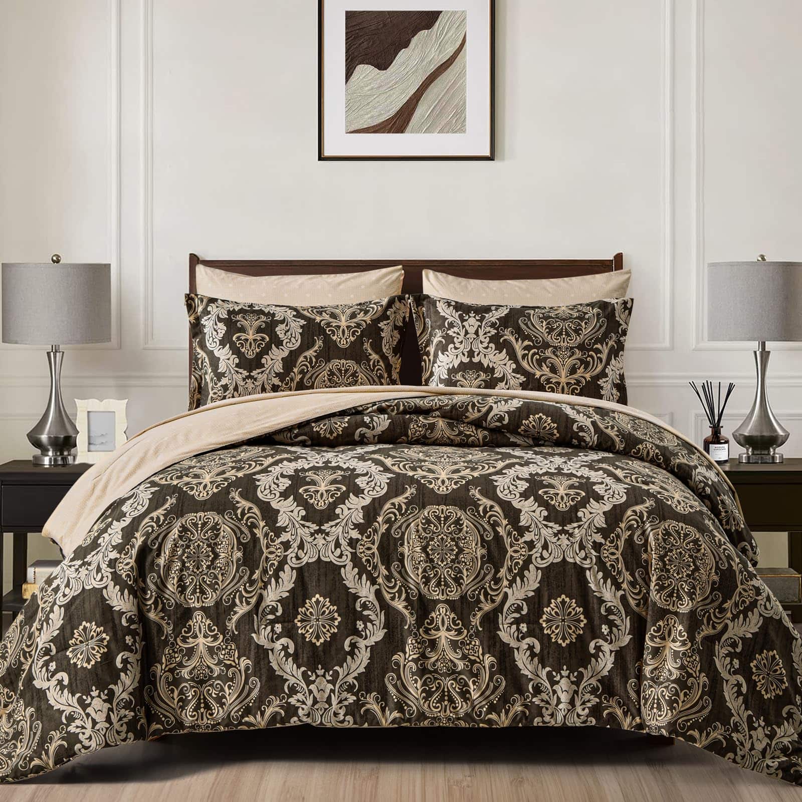 NICHOLAS KLEIN - Comforter Set Queen Texture Bed In A Bag Microfiber Sets -1 1 Flat Sheet Fitted 2 Pillow Shams Pillowcases - Dark Brown Queen