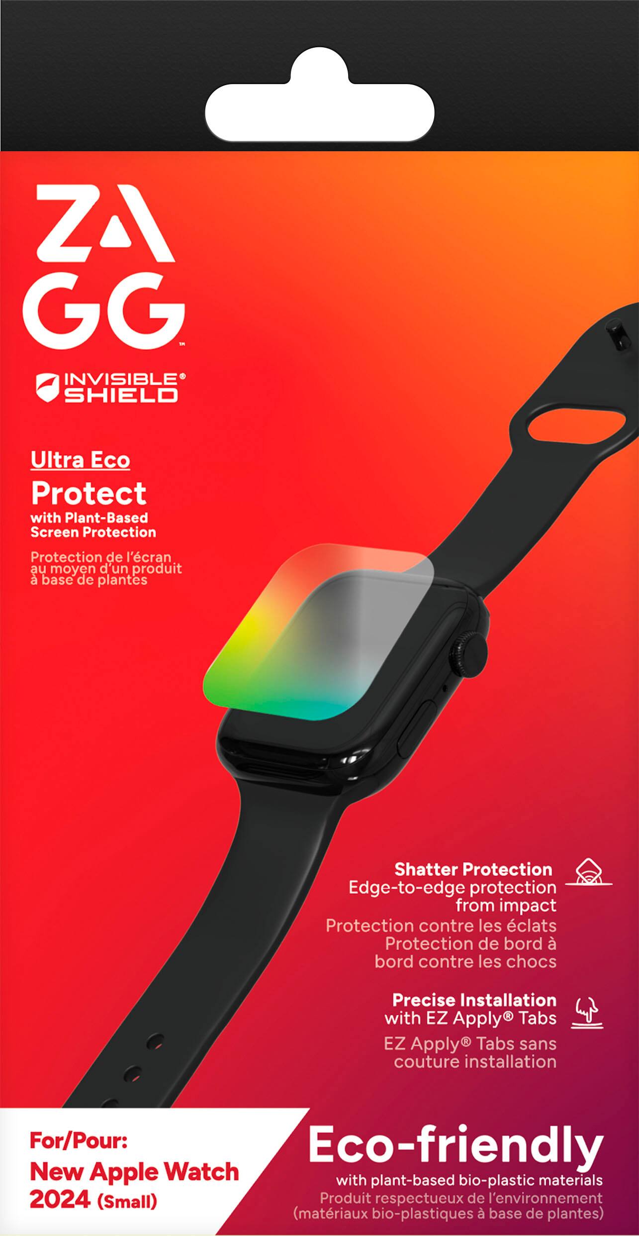 ZAGG InvisibleShield Ultra Eco Protect with Plant-Based Screen Protection:

* Protection de l'écran au moyen d'un produit base de plantes
* Shatter Protection
* Edge-to-edge protection from impact
* Protection contre les clats
* Protection de bord contre les chocs
* Precise Installation with EZ Apply Tabs
* EZ Apply Tabs sans couture installation
* For/Pour: Eco-friendly New Apple Watch with materials plant-based bio-plastic 2024 (Small)
* Produit respectueux de l'environnement (matriaux bio-plastiques base de plantes)