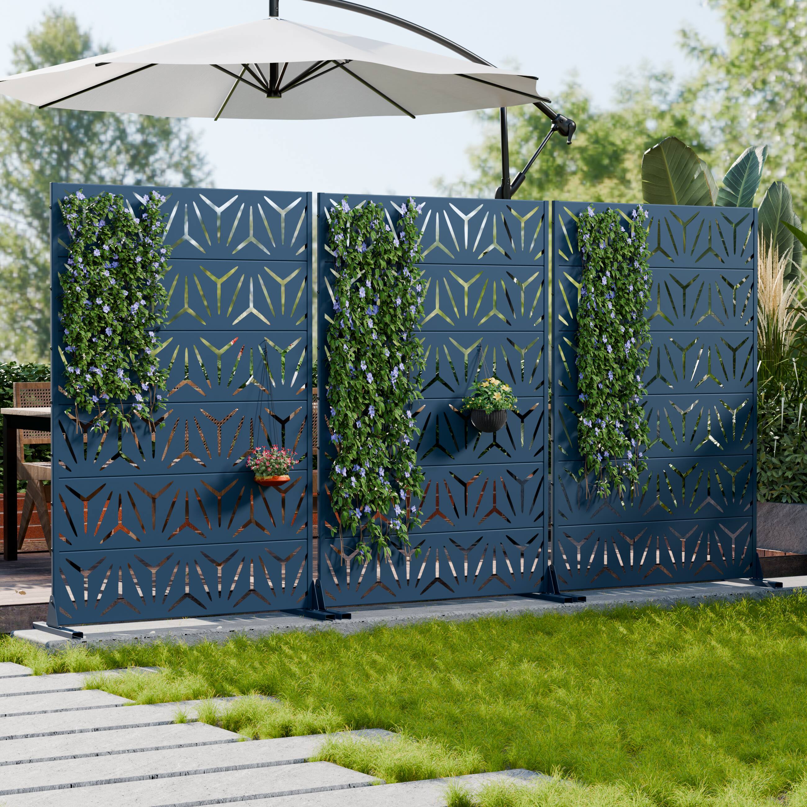 Alt View 1. PexFix - Outdoor Privacy Screen Freestanding Metal Privacy Divider with Geometric Cutouts All-Weather Decorative Screen - Starlit Blue.