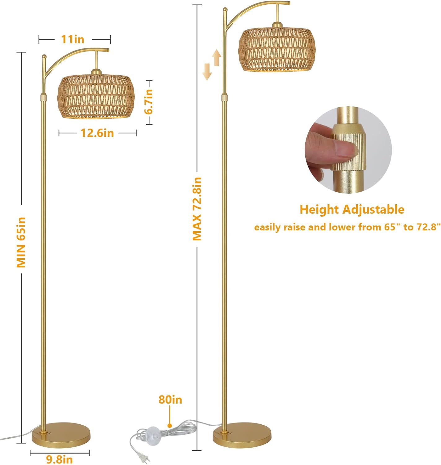 - **Height Adjustable**: easily raise and lower from 65" to 72.8"
- **Dimensions**:
  - **Lampshade**: 11in (width) x 12.6in (height)
  - **Base**: 9.8in (diameter)
  - **Minimum Height**: 65in
  - **Maximum Height**: 72.8in
  - **Overall Height**: 80in
