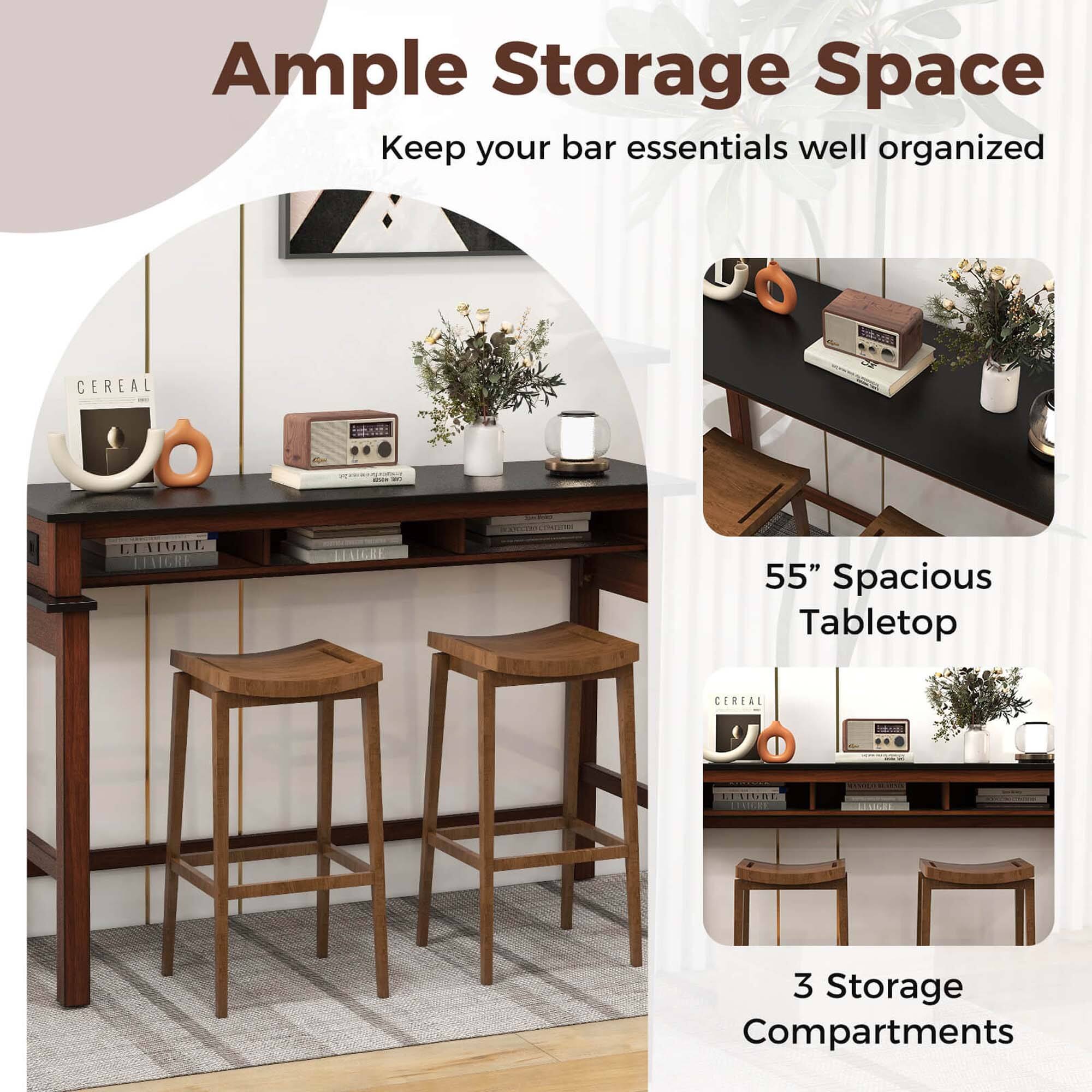 Ample Storage Space Keep your bar essentials well organized. 55" Spacious Tabletop. 3 Storage Compartments.